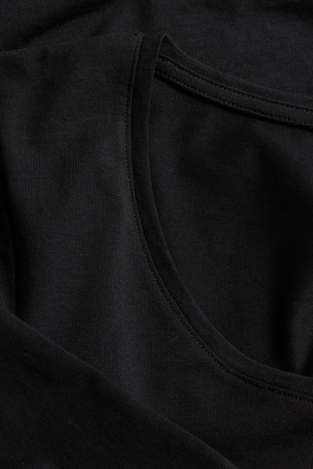 Nærbilde av en svart langermet topp med scoop-hals og ribbet tekstur.