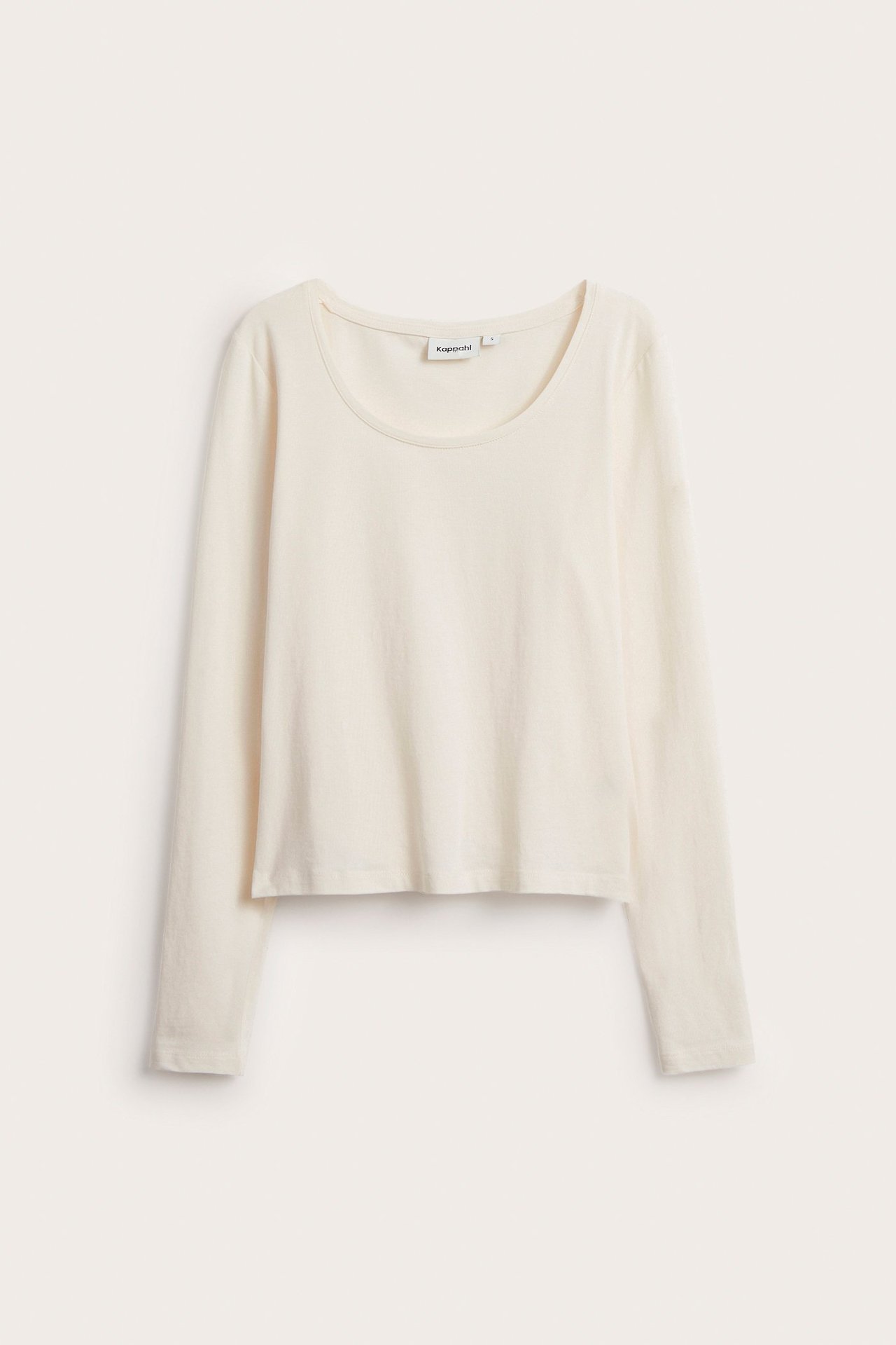 Forfra, off-white langermet t-skjorte i bomullsblanding med scoop-hals.