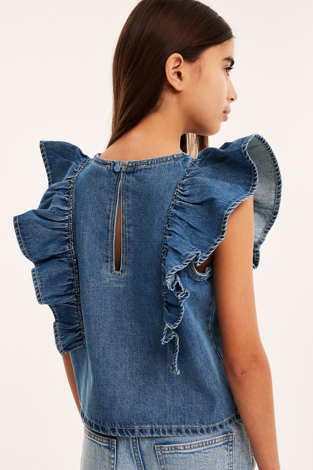 Volangblus i denim - Ljus denim - 8