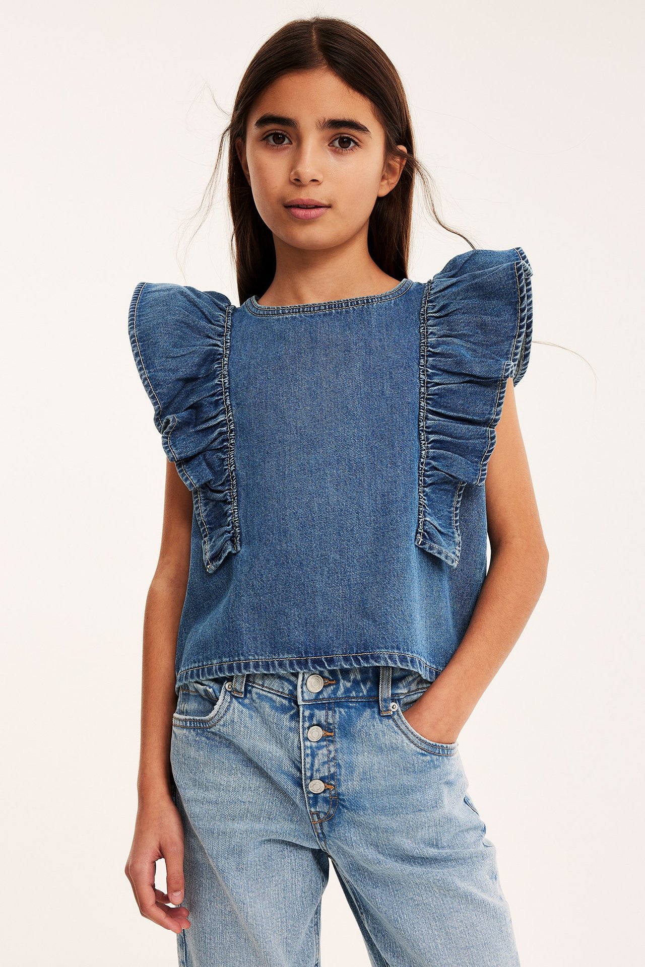 Volangblus i denim - Ljus denim - 4