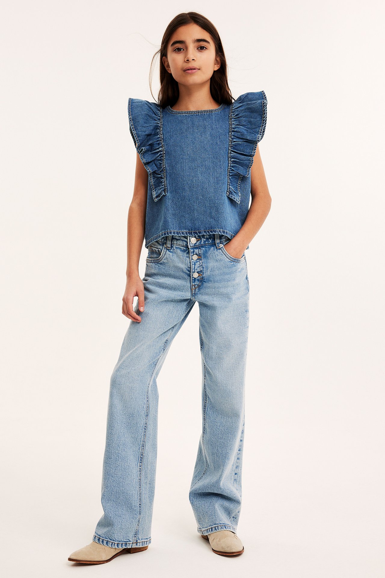 Volangblus i denim - Ljus denim - 5