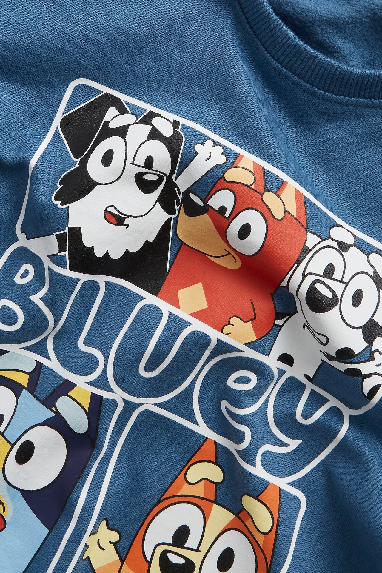 Zbliżenie na niebieską bawełnianą bluzę dziecięcą z dużym nadrukiem Bluey i przyjaciół z przodu.