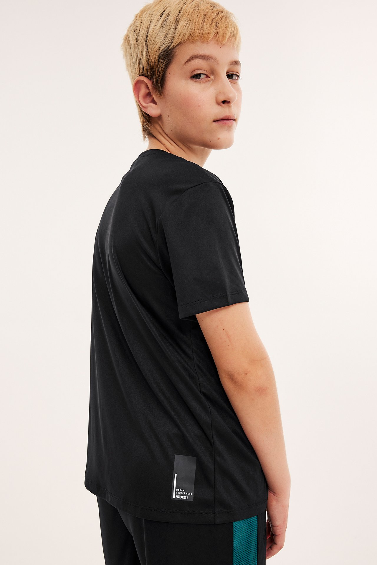 Dziecięcy sportowy t-shirt ciemnozielony, wzorzysty i jednolity, dwupak, z nadrukiem Woxo z tyłu.