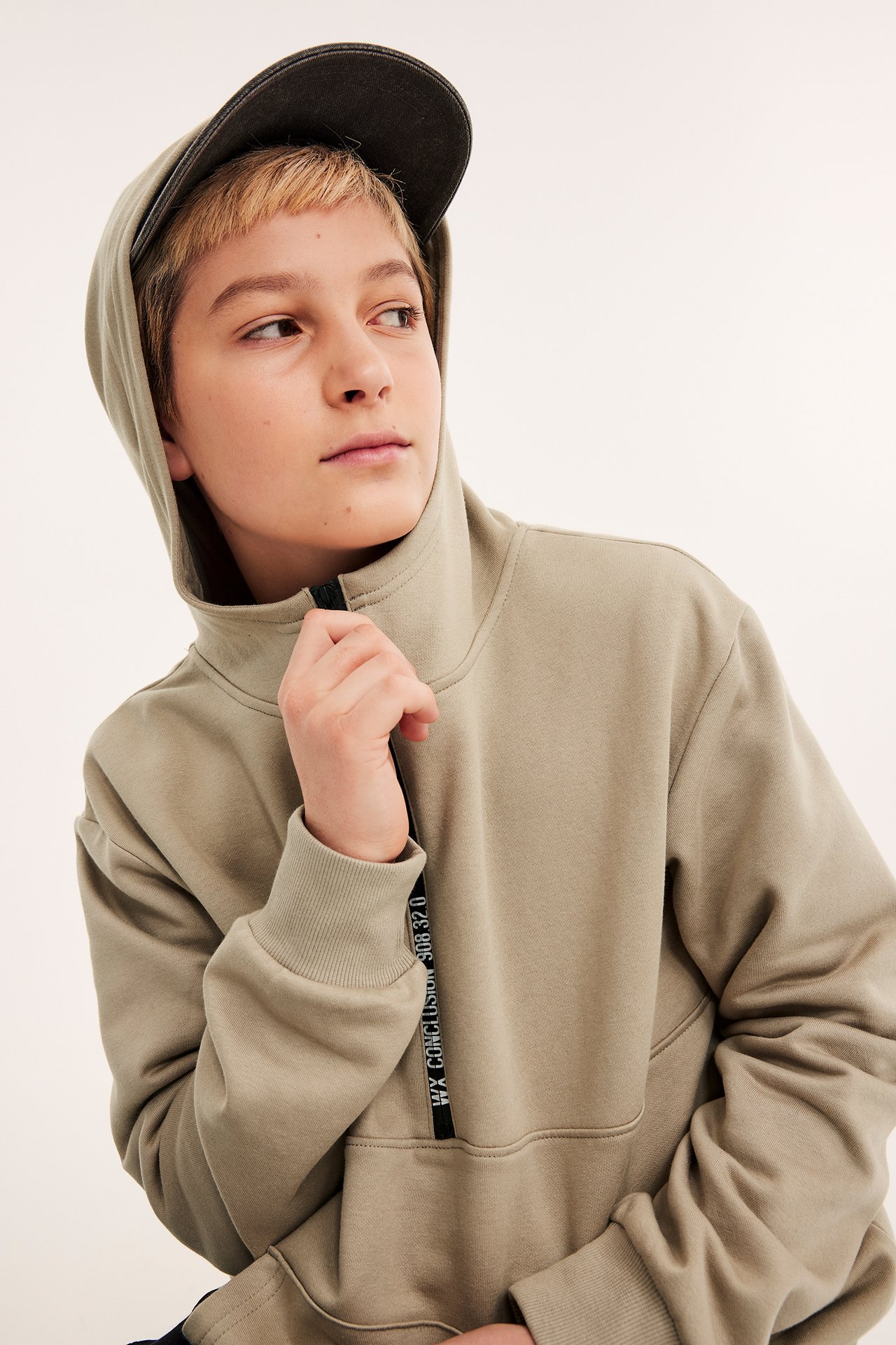 Hoodie med half-zip - Beige - 4