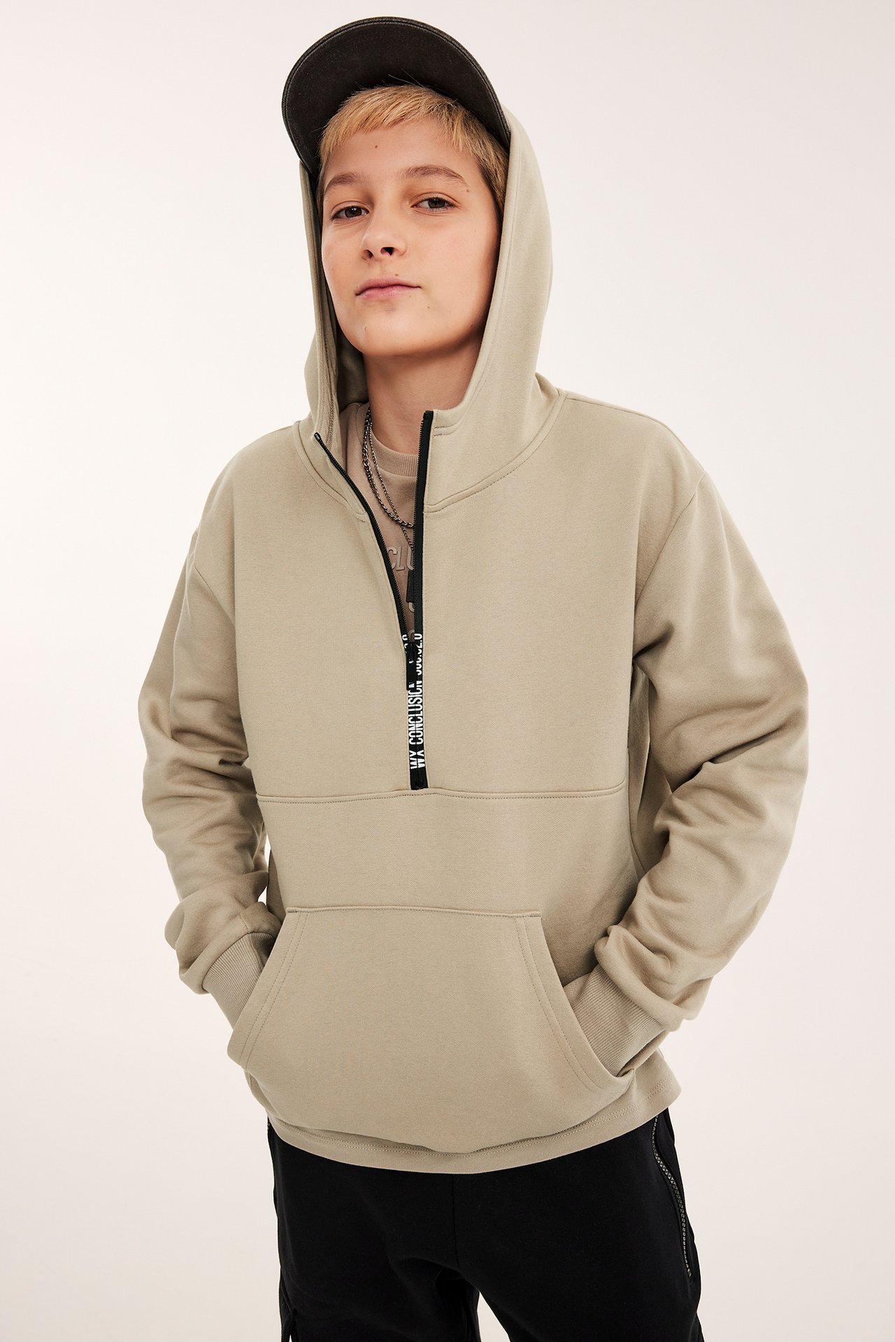 Hoodie med half-zip - Beige - 5