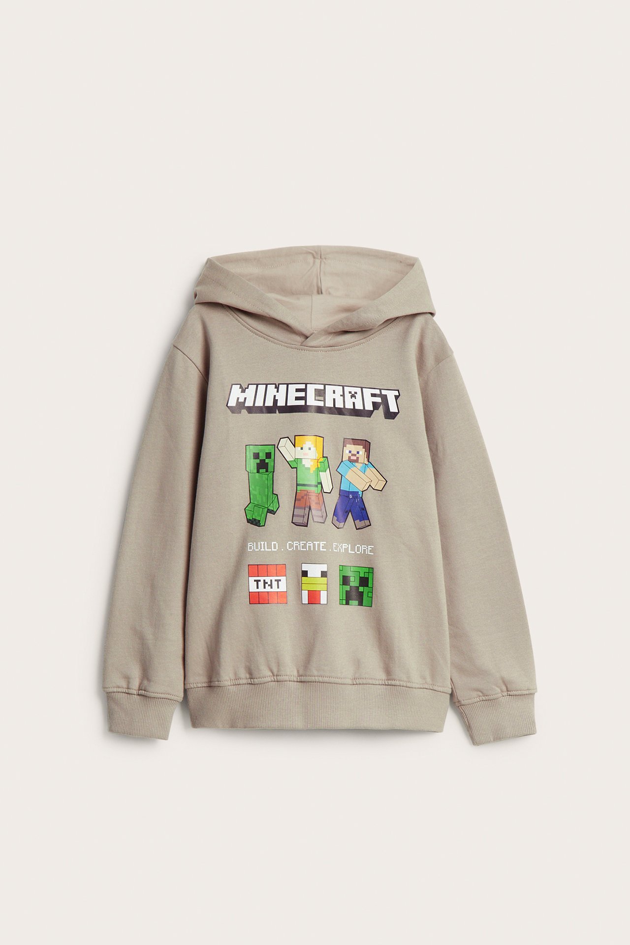 Widok z przodu: beżowa bawełniana bluza z kapturem dla dziecka z dużym kolorowym nadrukiem Minecraft.
