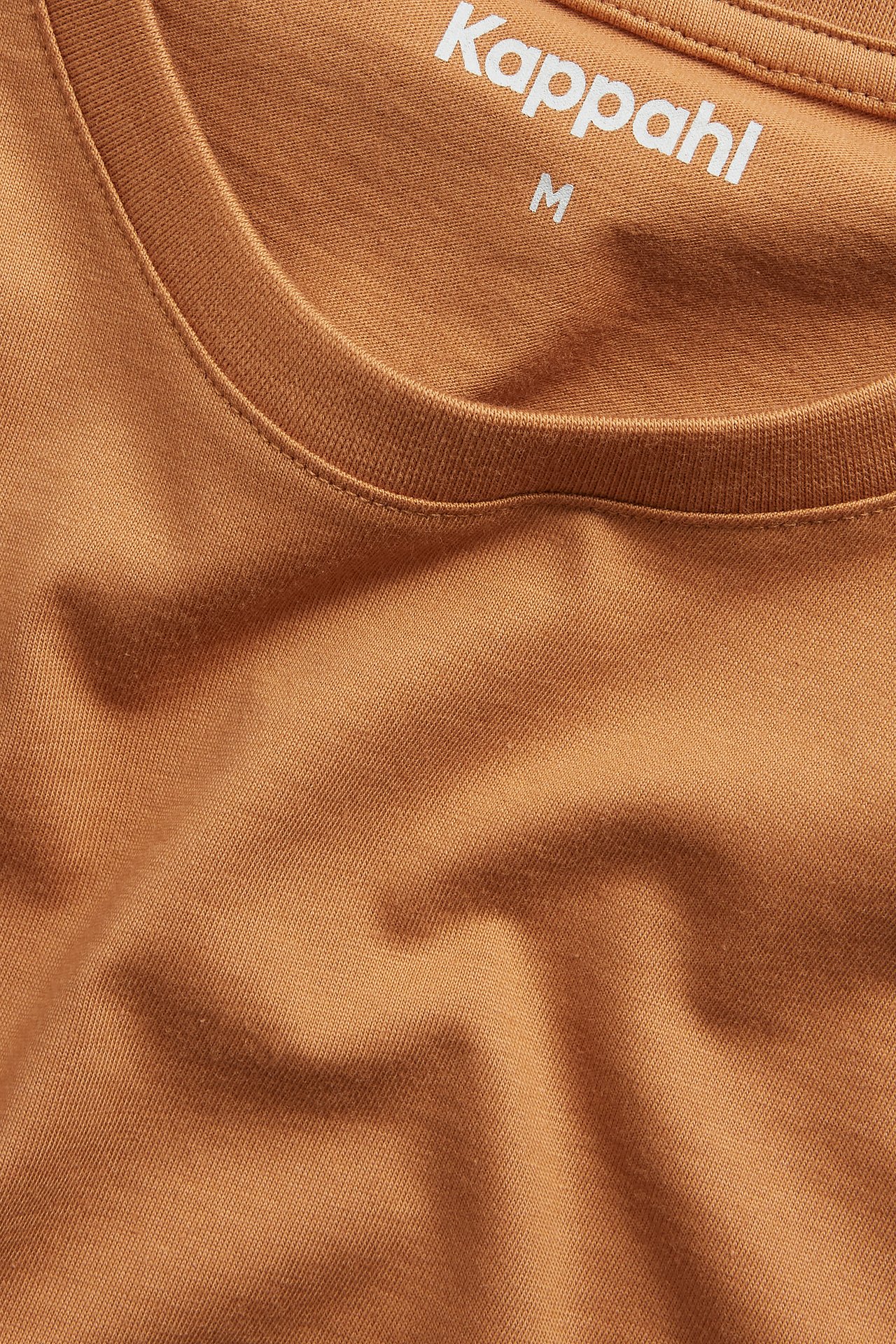 Närbild av en brun enfärgad t-shirt i bomull för herr, visar halsringning och tygstruktur.