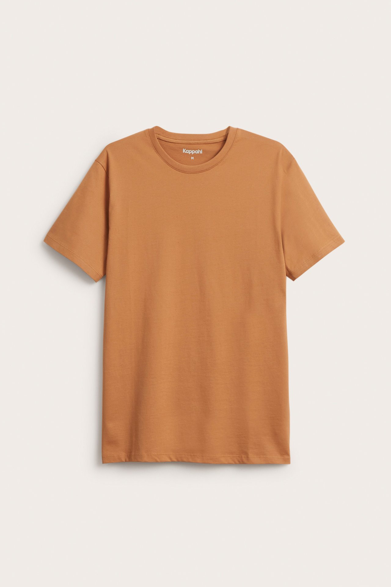 Framifrån, en enfärgad brun t-shirt i bomull för herr med rund hals och korta ärmar.