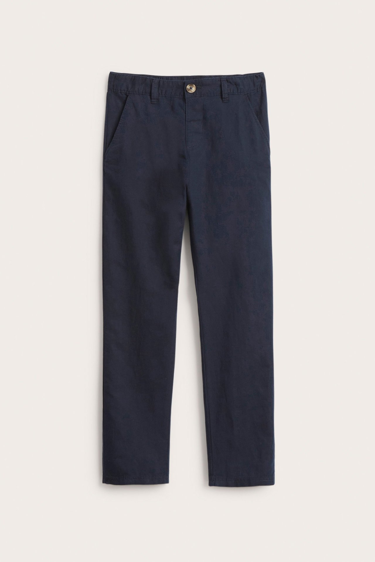 Widok z przodu ciemnoniebieskich spodni dziecięcych z mieszanki lnu, zapinanych na guzik, z regulowaną talią.
