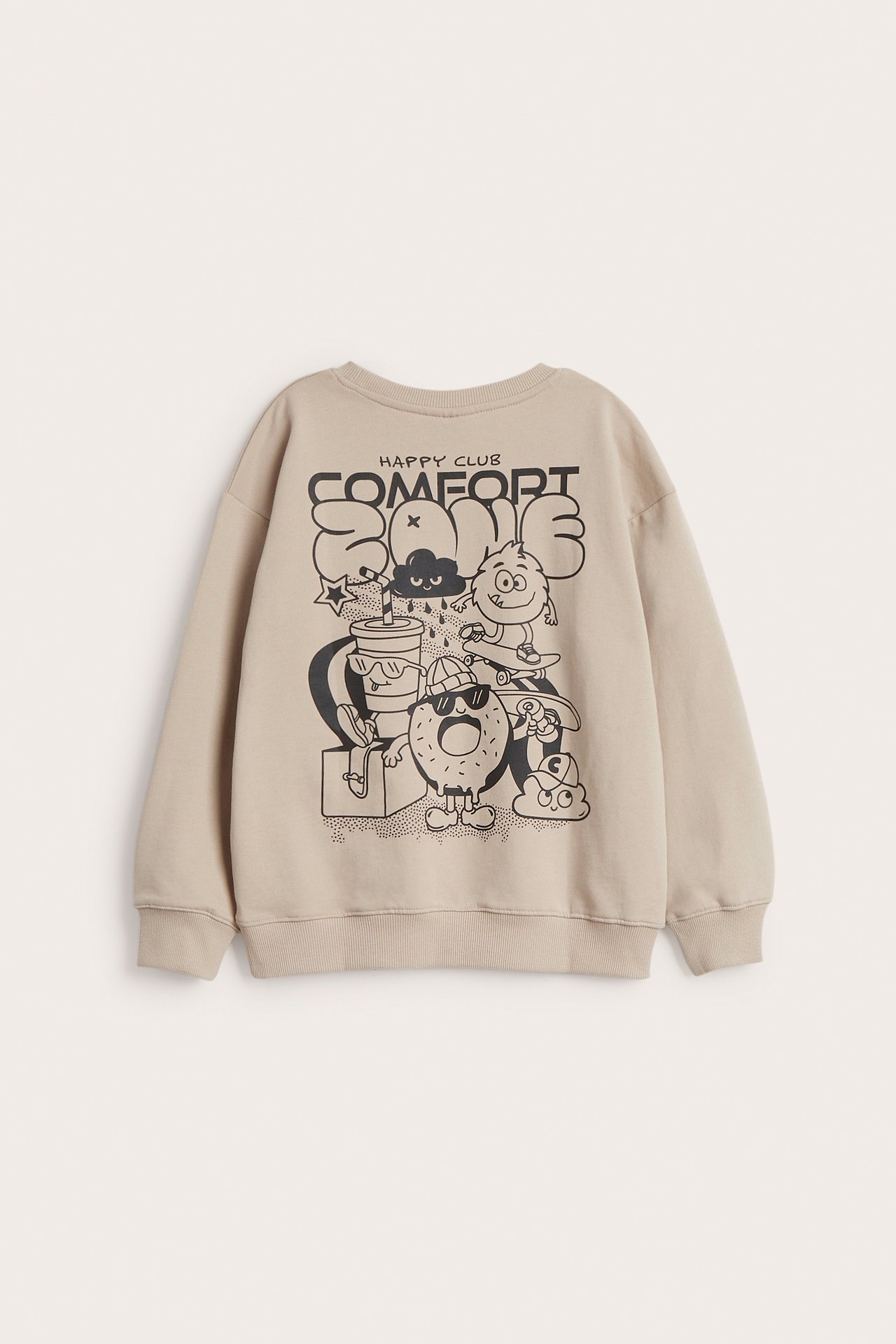 Bakifrån, beige bomullssweatshirt med stort svart grafiskt tryck på ryggen.