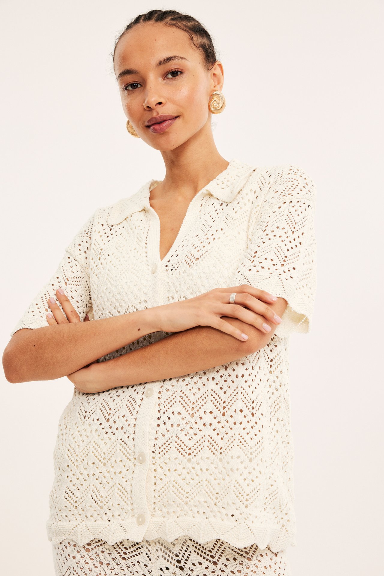 Kortärmad cardigan - Ljusbeige - 5