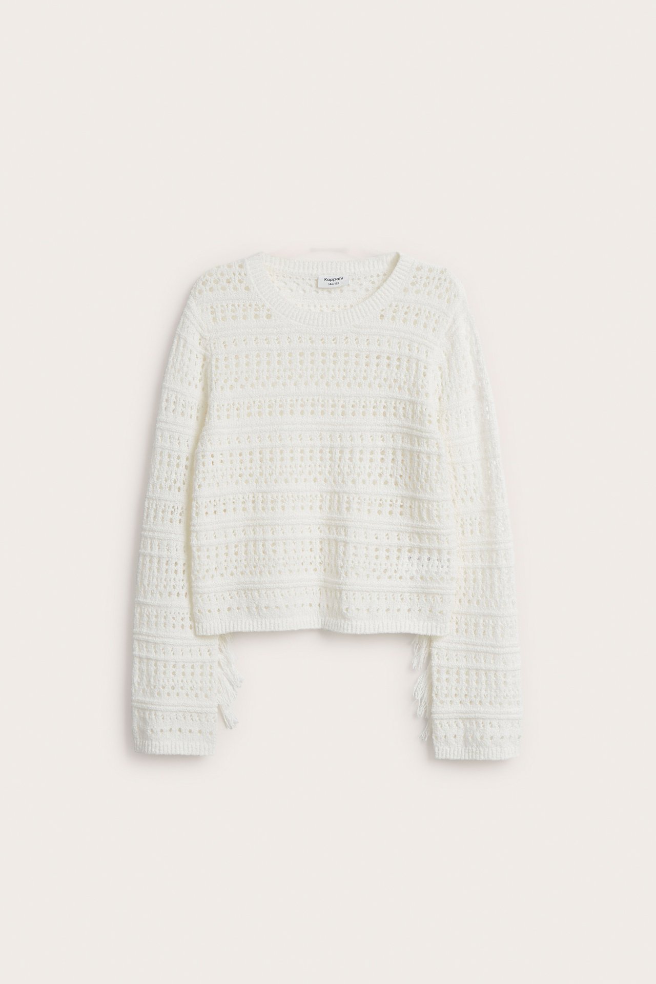 Hullstrikket topp med frynser - Offwhite - 3