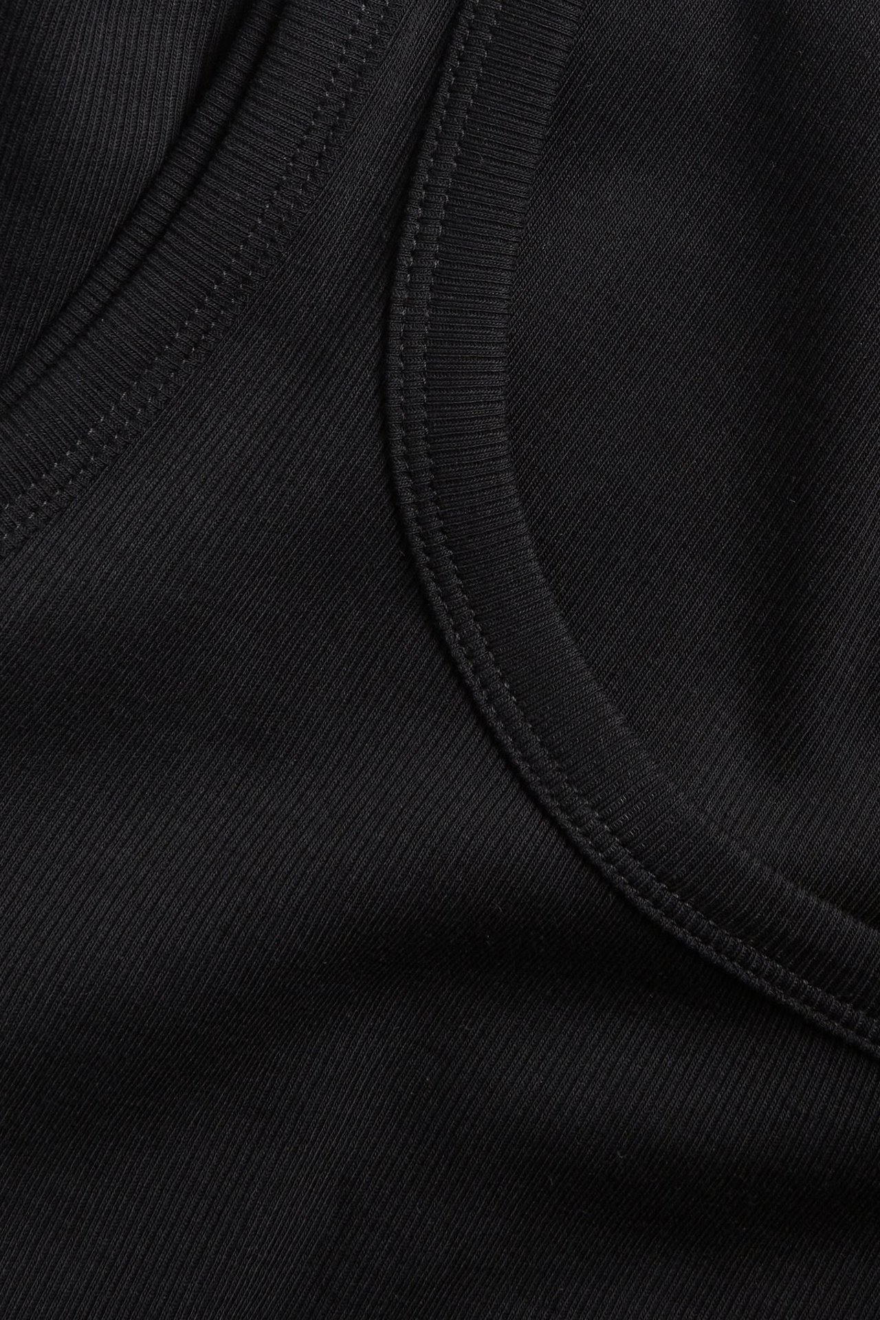 Nærbilde av en svart ribbet singlet, som viser den smale ribbestrukturen og en søm.