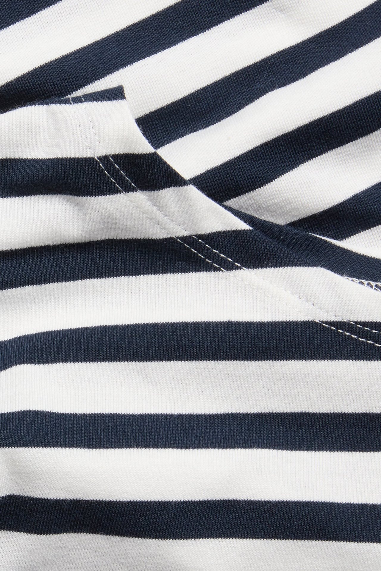 Zbliżenie na biało-granatowy bawełniany top w paski z dekoltem łódkowym.