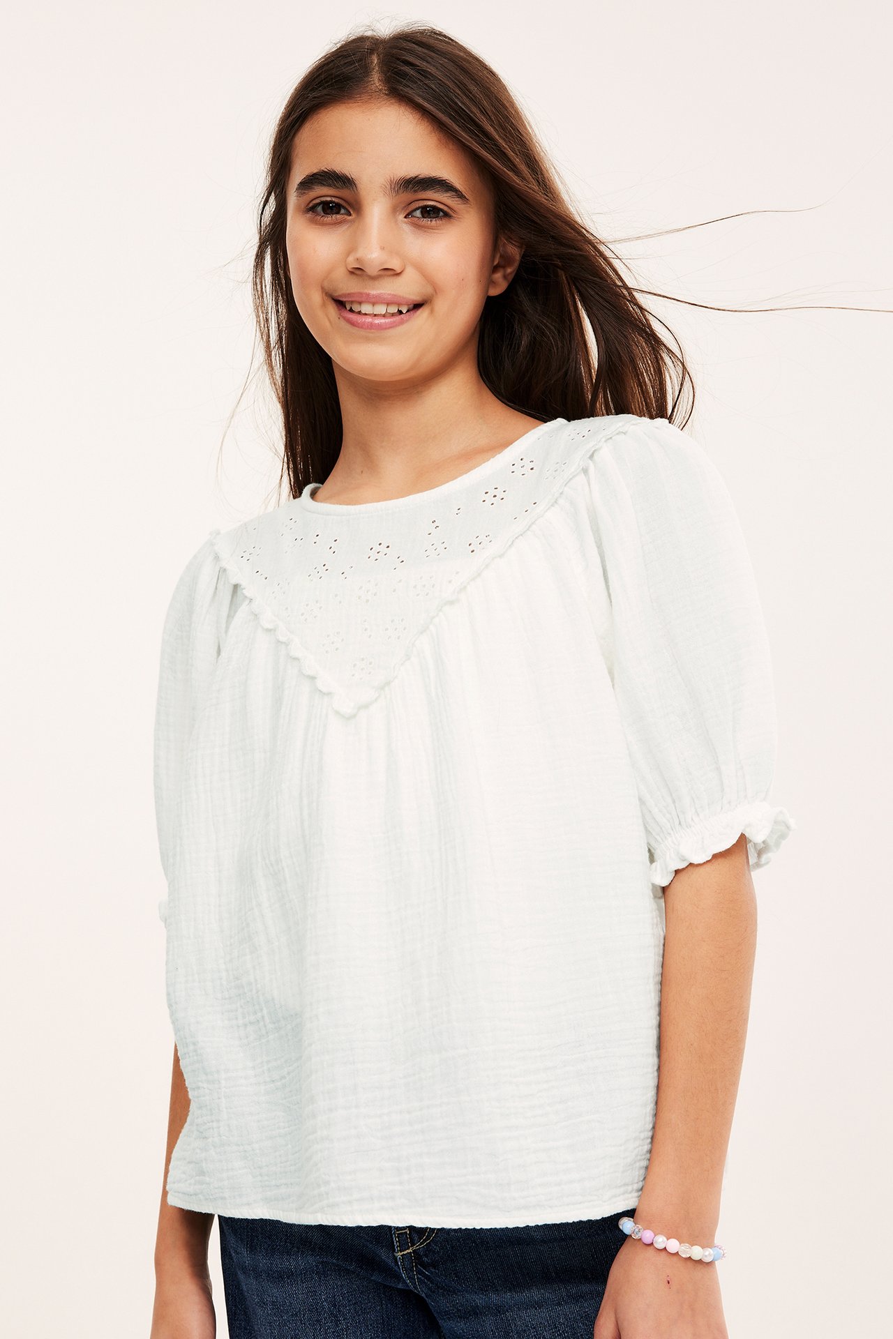 Bluse med broderie anglaise - Offwhite - 4