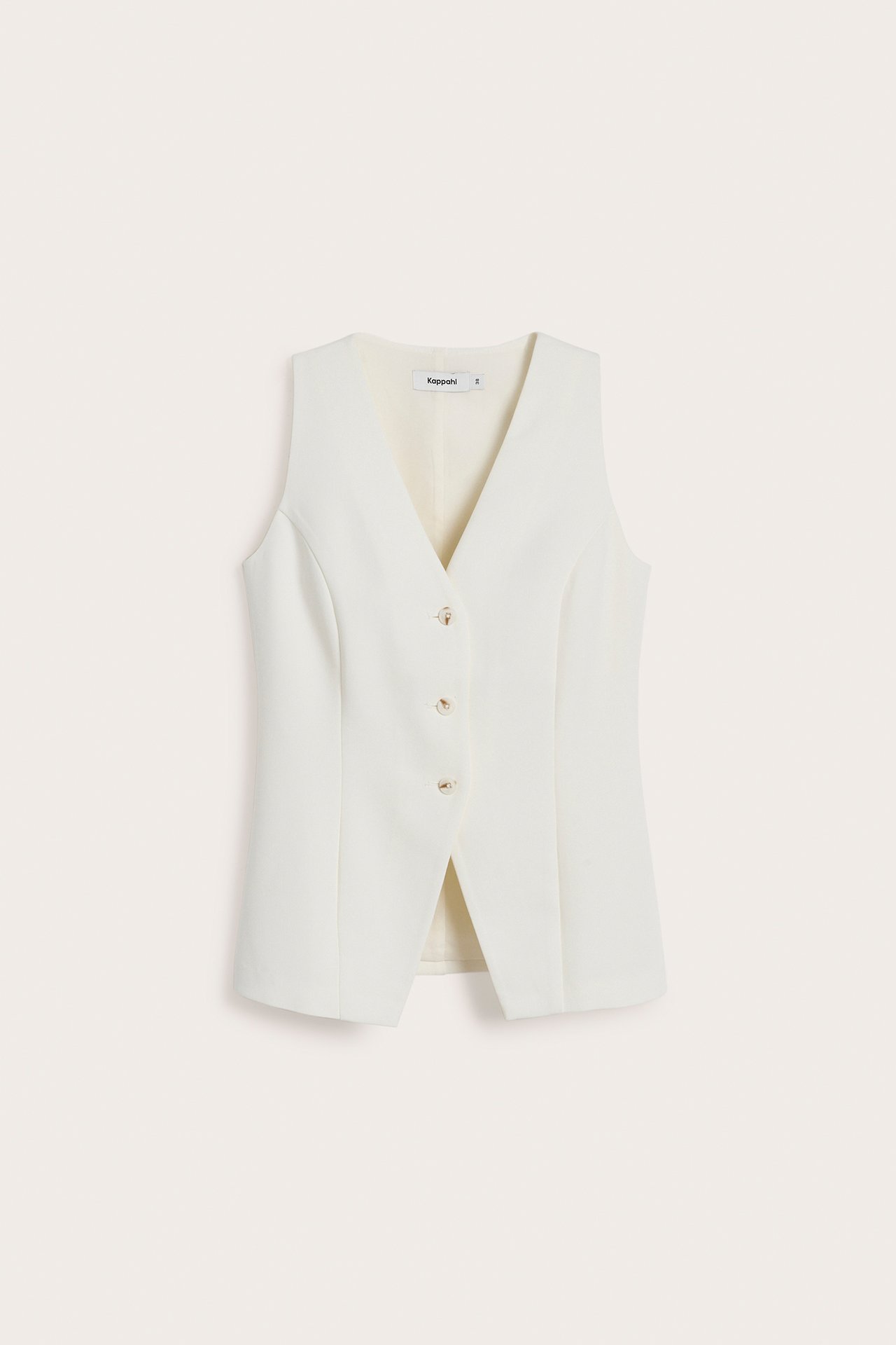 Widok z przodu: długa, dopasowana kamizelka w kolorze złamanej bieli, z dekoltem V i złotymi guzikami.