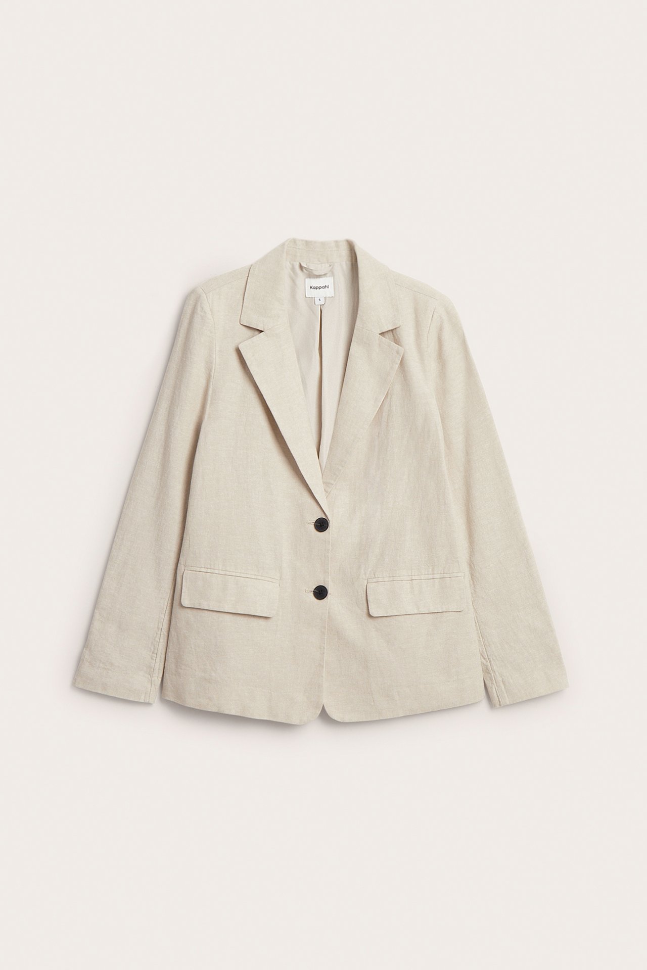 Frontvisning av en offwhite melert linblanding blazer med hakkede slag og to svarte knapper.