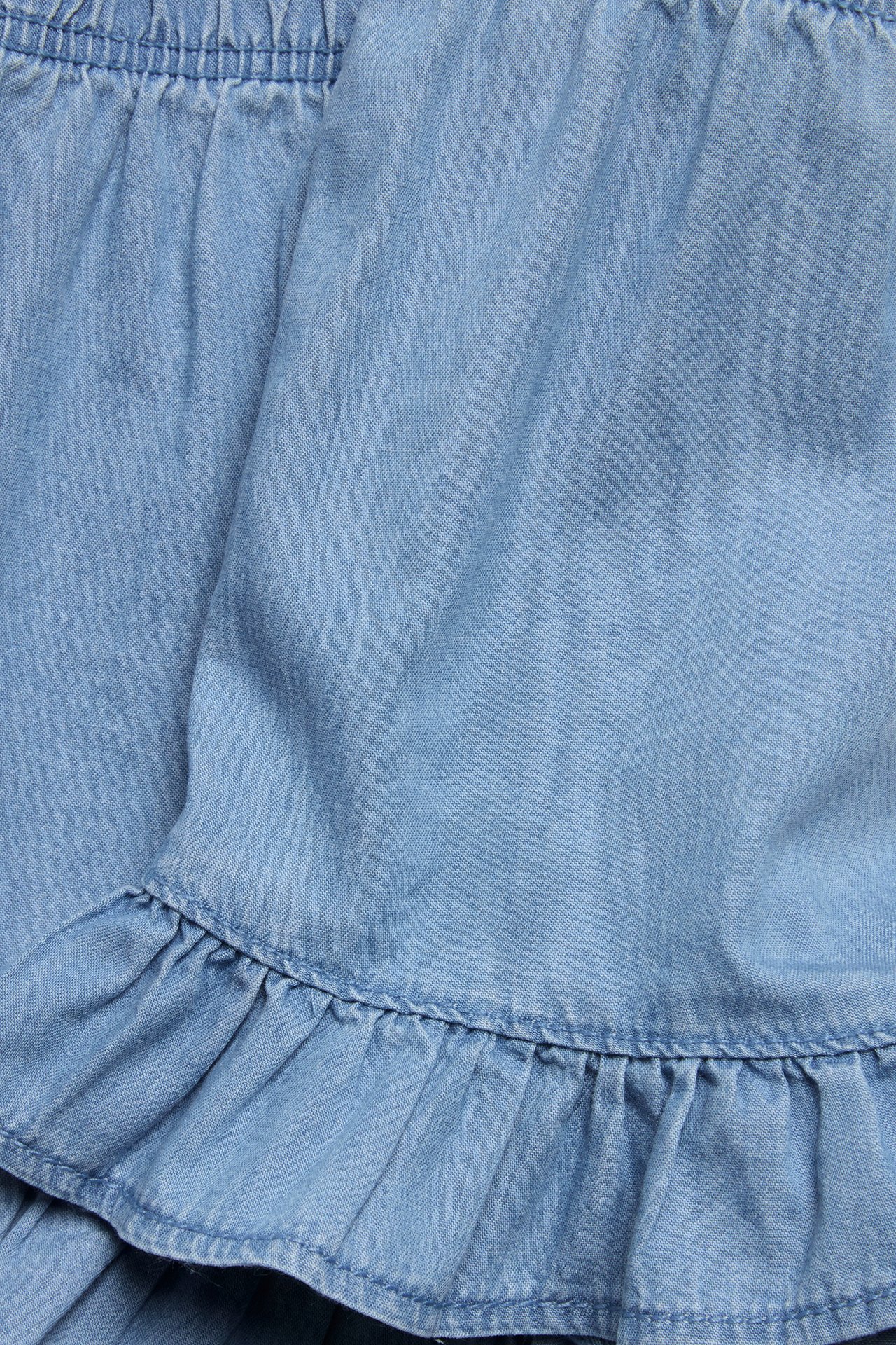 Närbild av ljusblå denimshorts med volanger och resår i midjan.