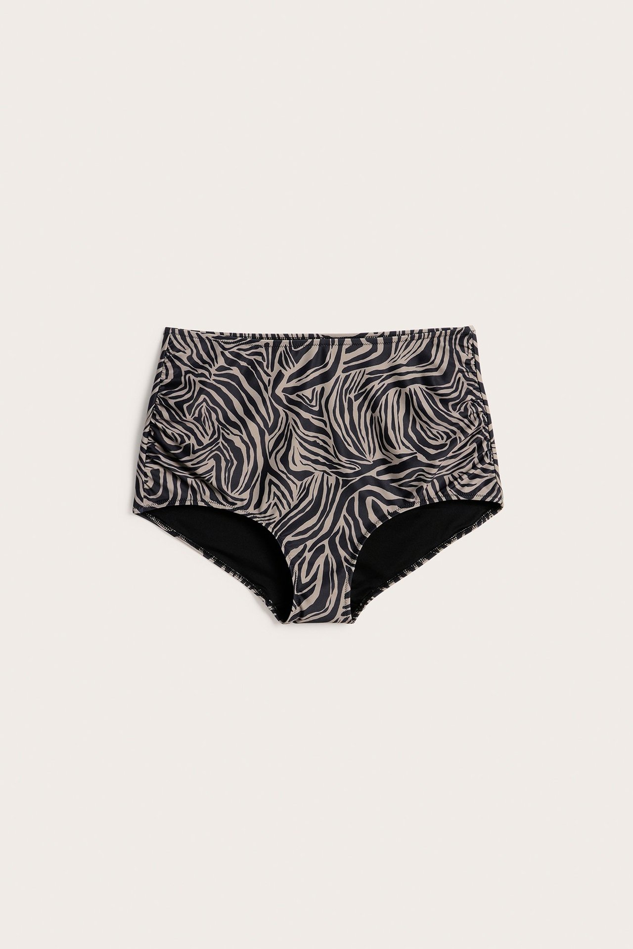 Frontvisning: høy midje bikinitruse for kvinner, mørk beige og svart sebrastriper, rynkede sider.
