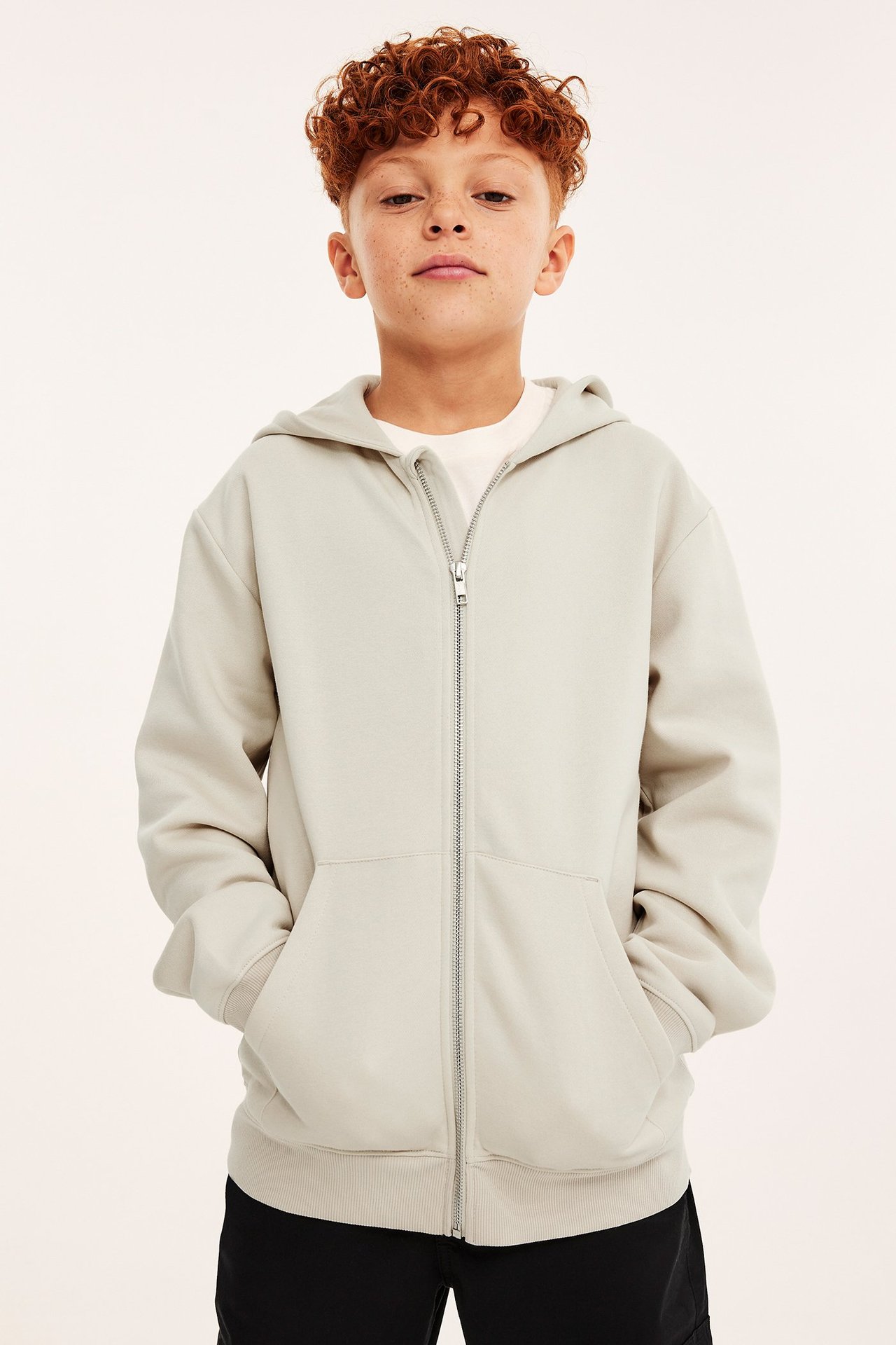 Hoodie med dragkedja - Beige - 1