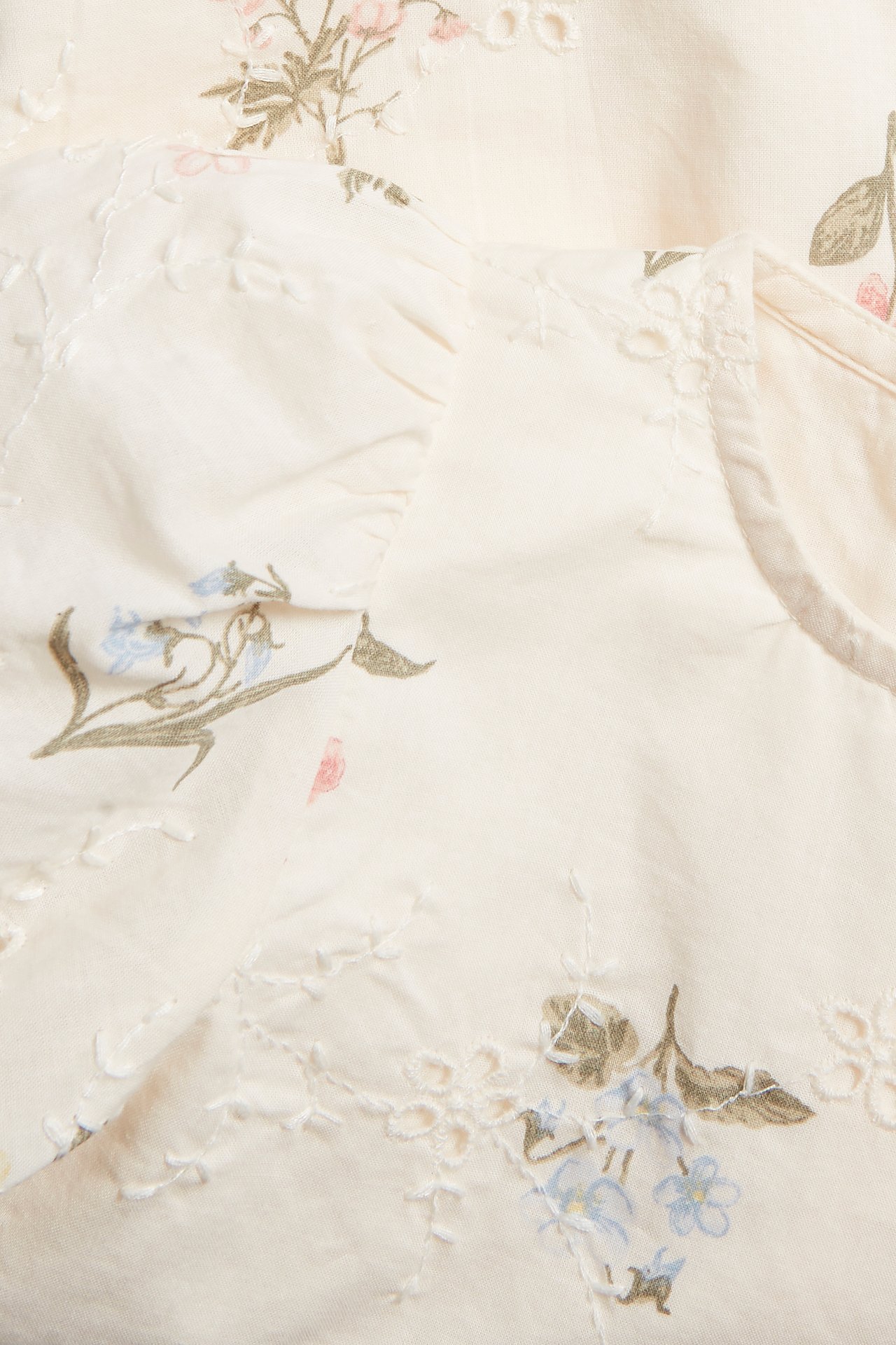 Lähikuva luonnonvalkoisesta lasten mekosta, jossa on kukkakuvio ja broderie anglaise -yksityiskohdat.