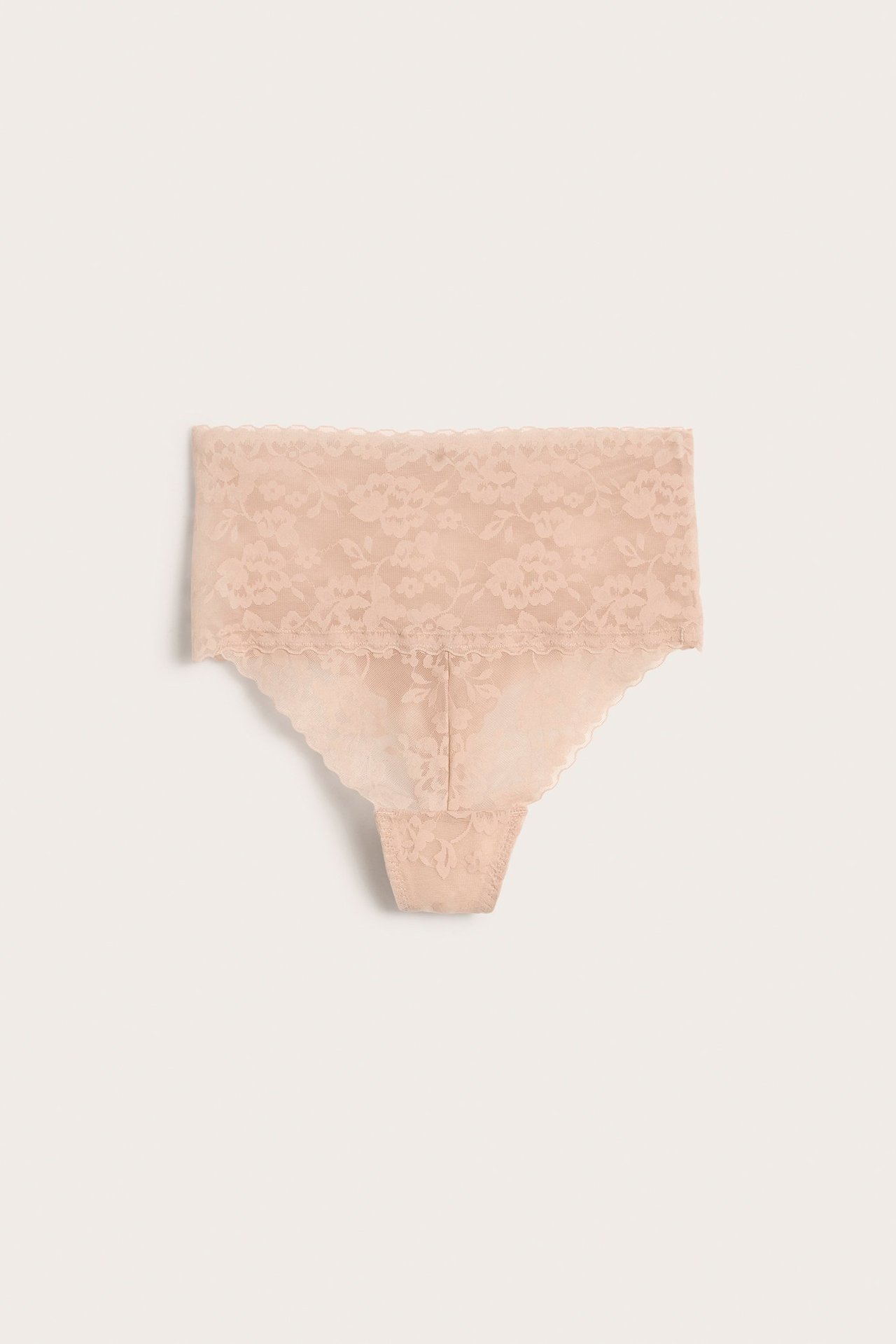 Forfra, lys rosa shaping stringtruse med høy midje og blomstret blondemønster.