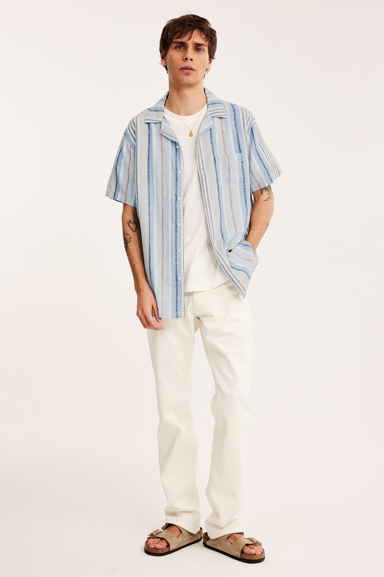 Edestä kuvattu mies sinisessä raidallisessa lyhythihaisessa pellavasekoitepaidassa, valkoisessa t-paidassa, vaaleanbeigessä housuissa ja sandaaleissa.