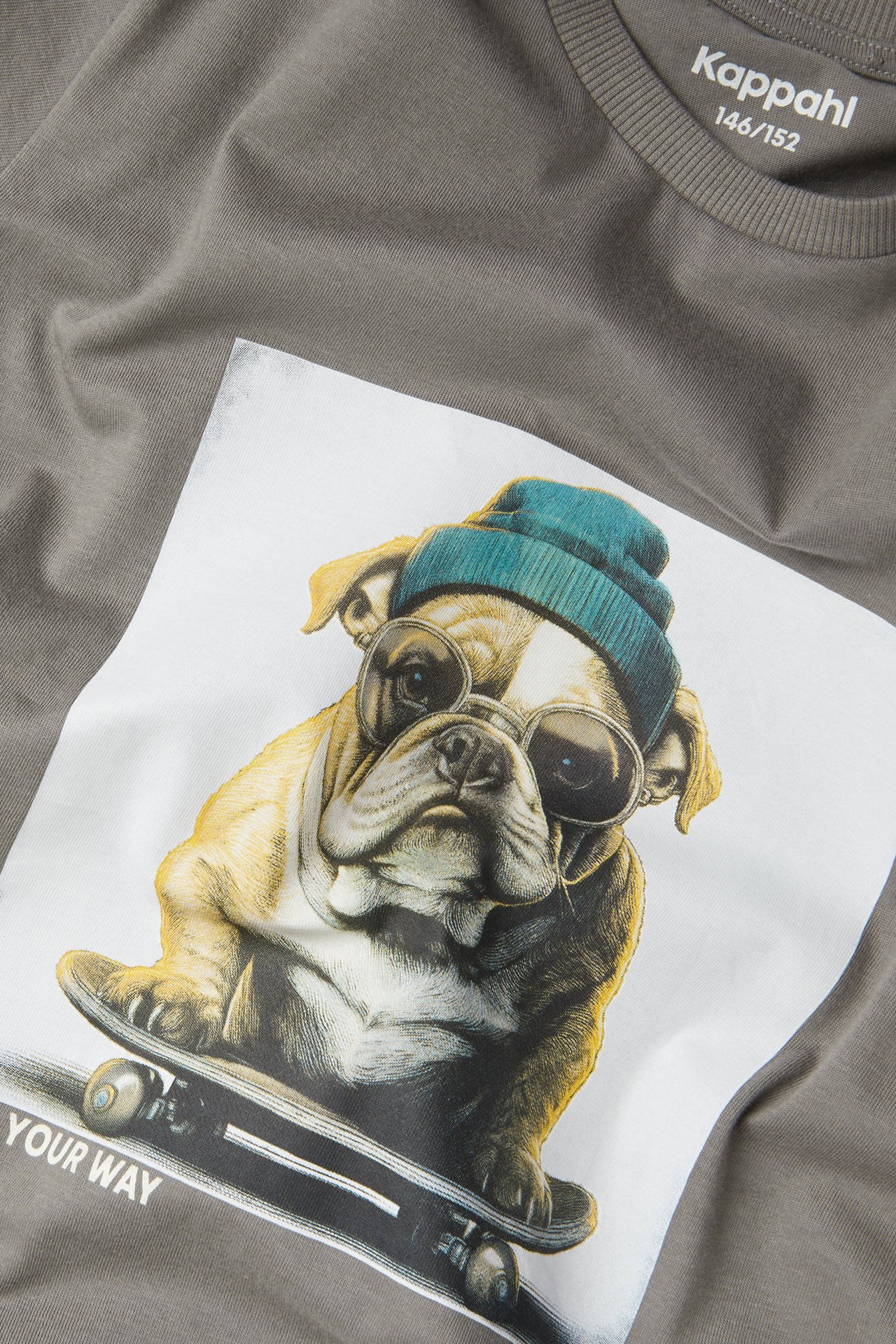 Lähikuva lasten harmaasta puuvillaisesta t-paidasta, jossa on bulldog-painatus pipolla ja aurinkolaseilla.
