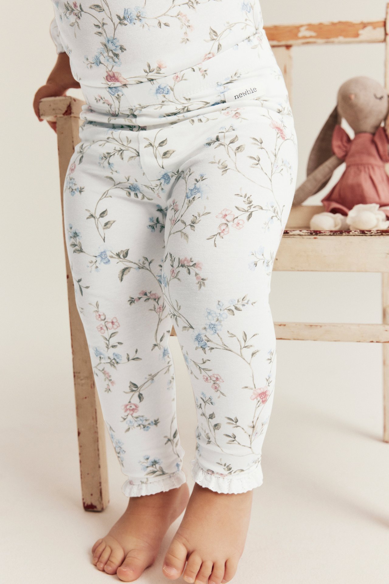 Legginsy w kwiaty, z koronką - Offwhite - 4