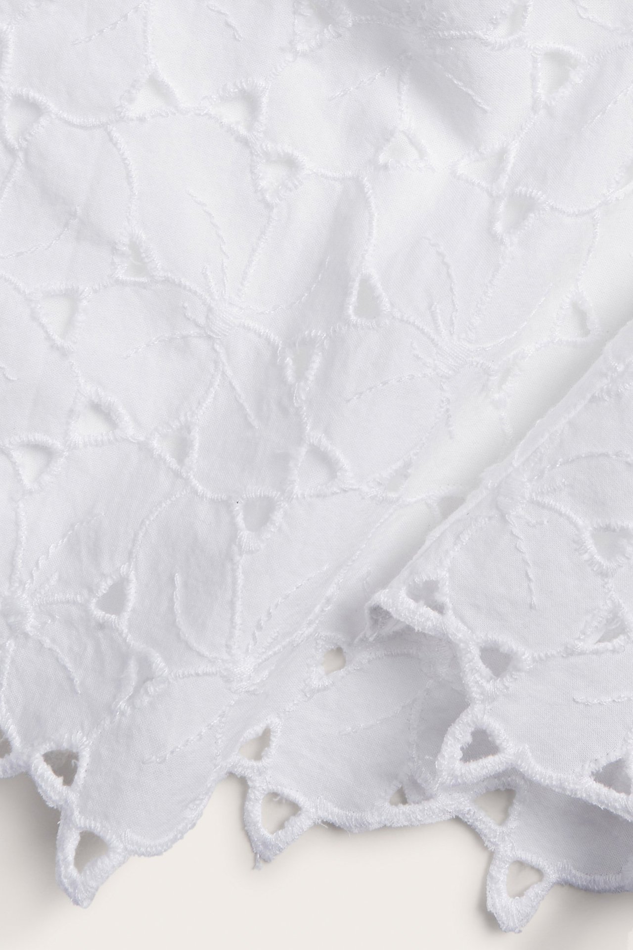 Zbliżenie białej bawełnianej koronki z haftowanym wycinanym wzorem i falistym brzegiem.