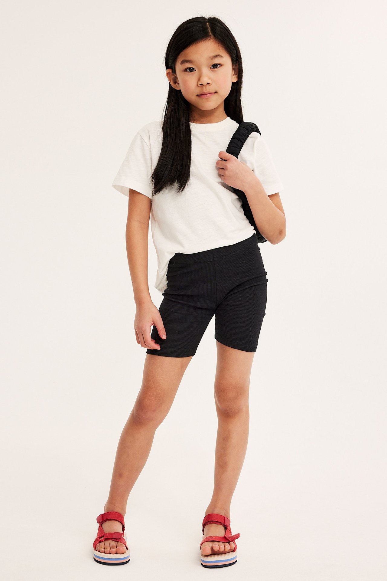 Edestäpäin: Lapsi mustissa ribatuissa pyöräilyshortseissa, valkoisessa t-paidassa, punaisissa sandaaleissa ja mustassa olkalaukussa.