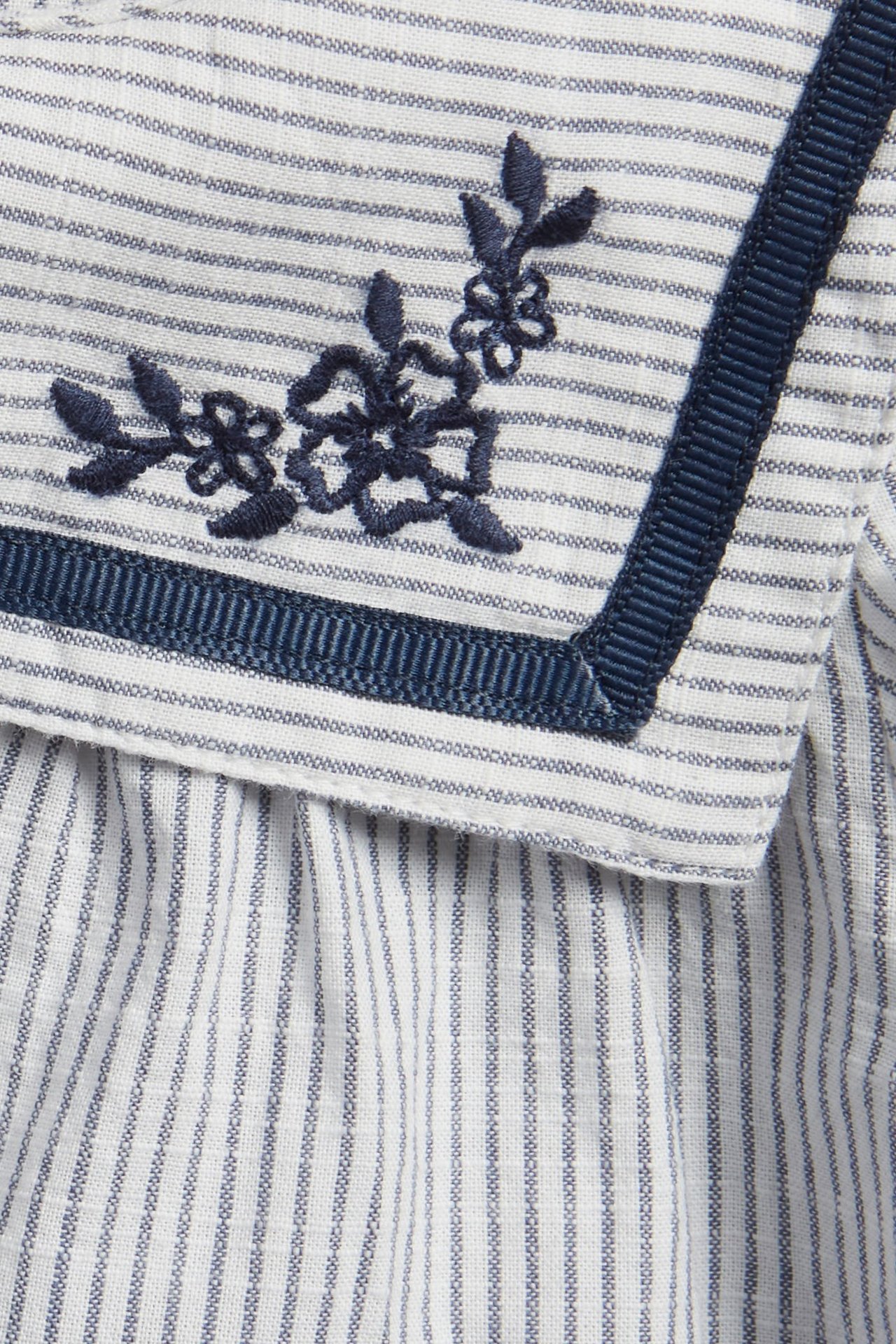 Zbliżenie na sukienkę w paski w kolorze ecru, z granatowym kołnierzem marynarskim i haftem kwiatowym.