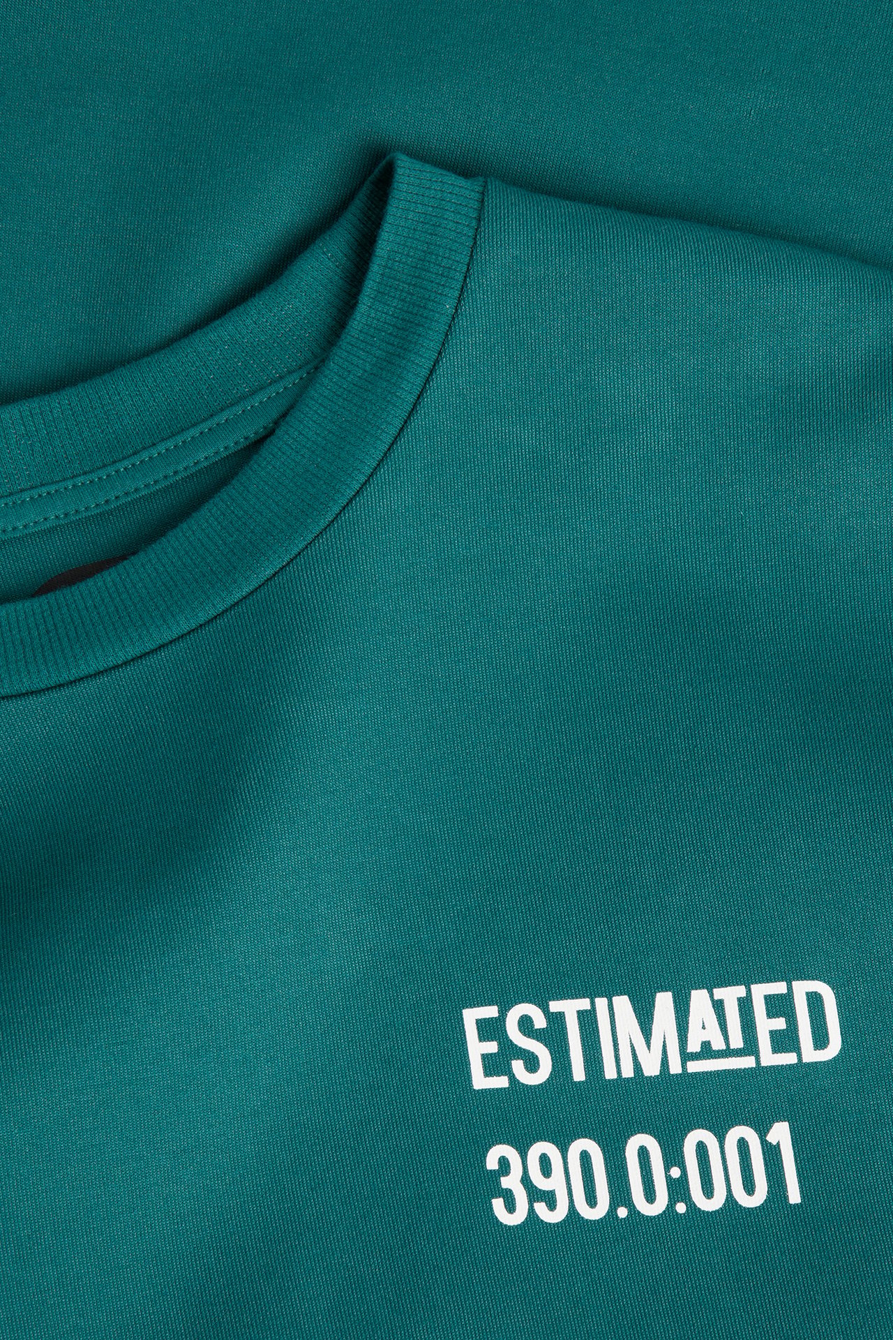 Zbliżenie na ciemnozielony T-shirt oversize z interlocku z białym nadrukiem 'ESTIMATED' z przodu.