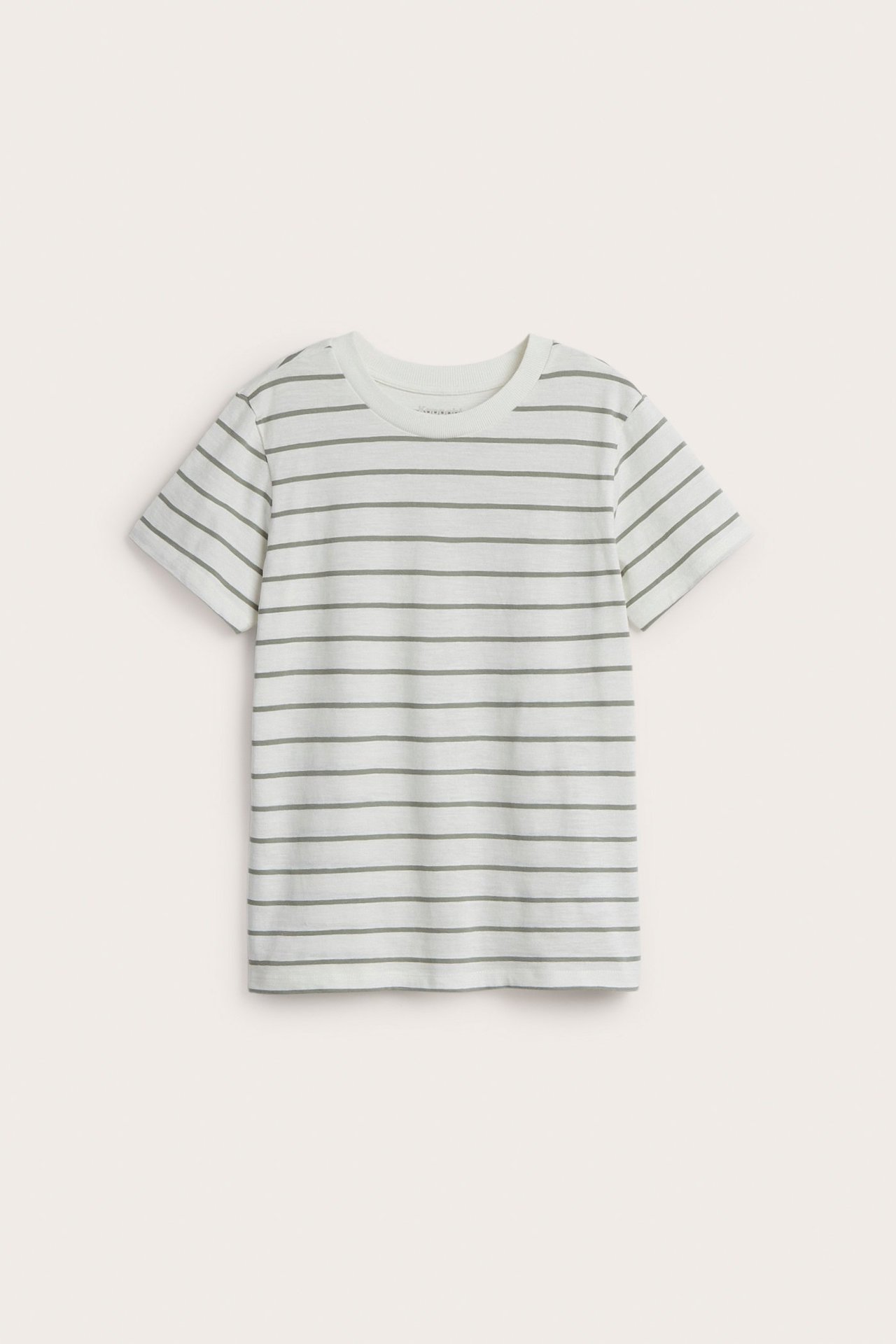 Widok z przodu: dziecięca biała bawełniana koszulka w cienkie zielone paski z okrągłym dekoltem.