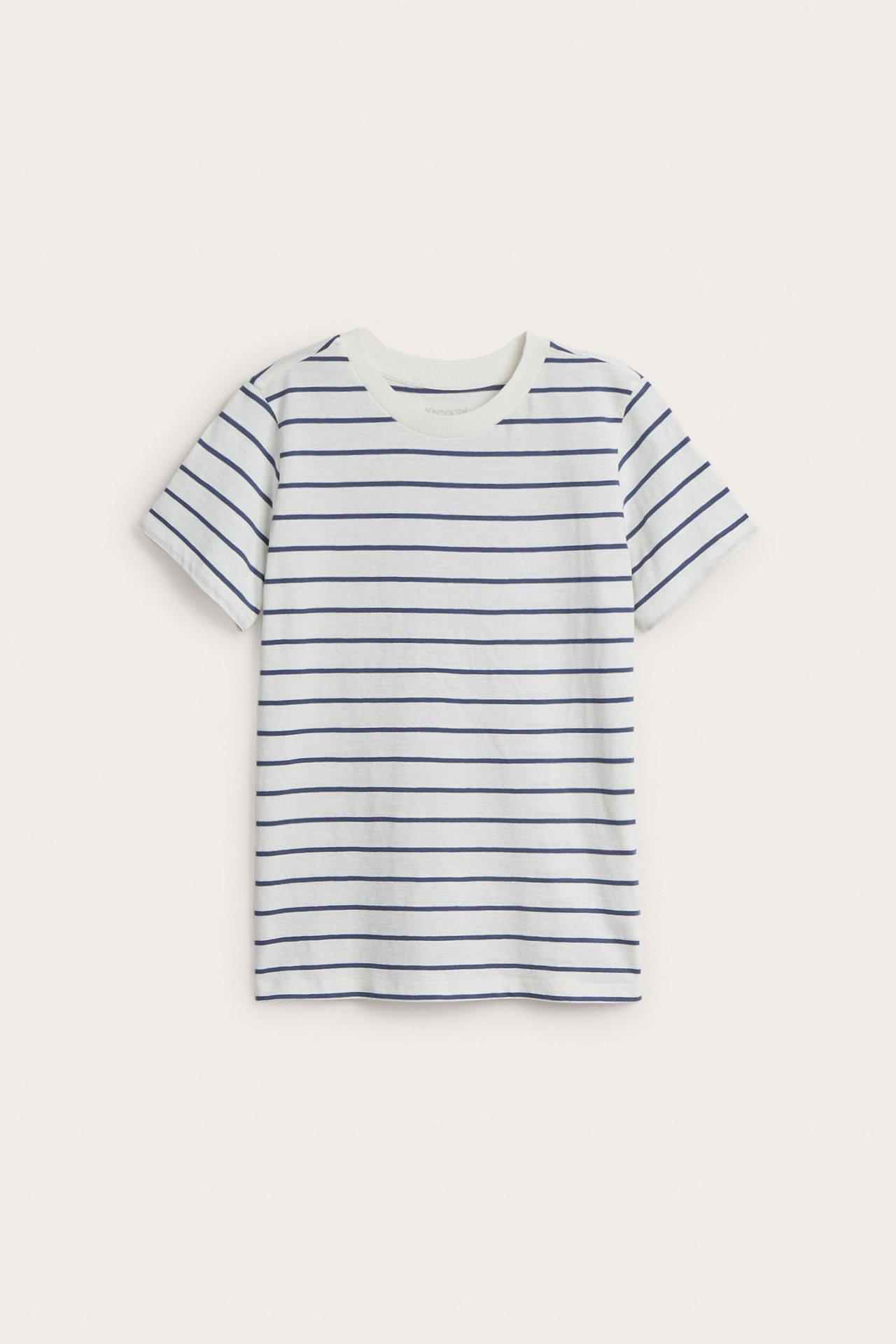 Widok z przodu białej bawełnianej koszulki dziecięcej w niebieskie paski z okrągłym dekoltem.