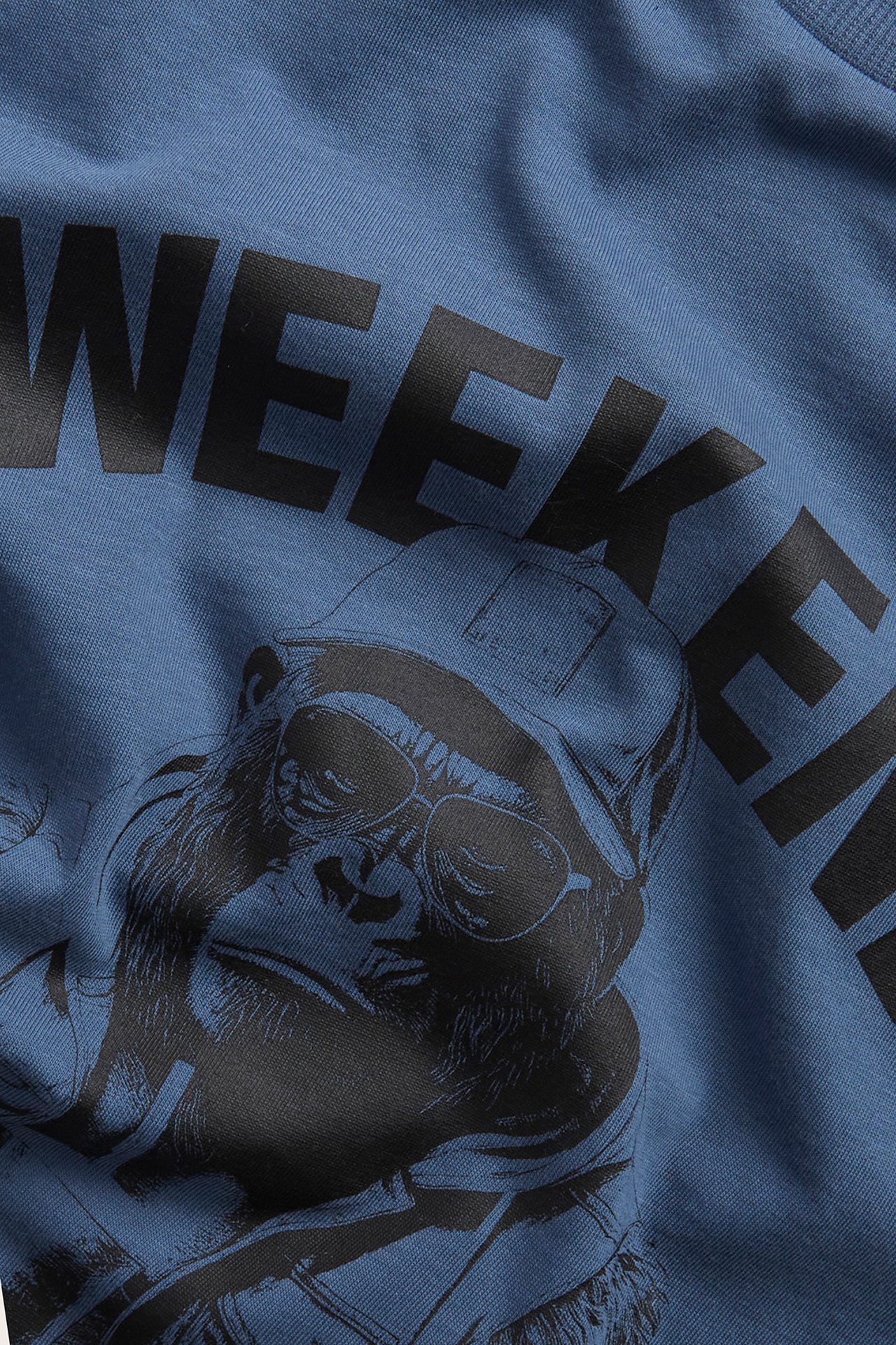 Närbild av en blå bomulls-t-shirt med svart gorillatryck med solglasögon och texten 'WEEKEND'.