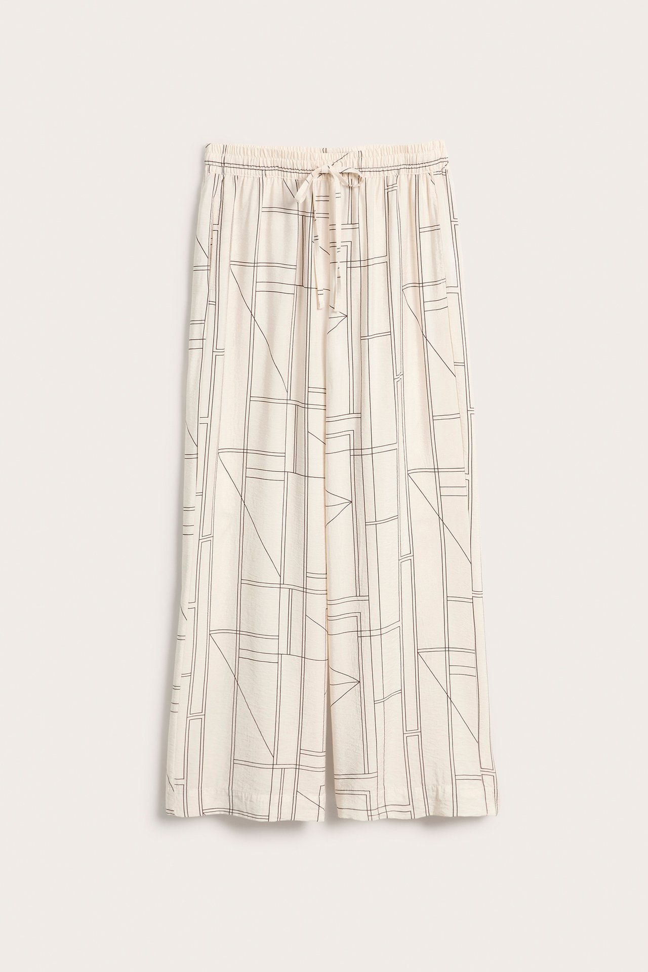 Frontvisning av offwhite mønstrede rette pull-on bukser med snøring i midjen.