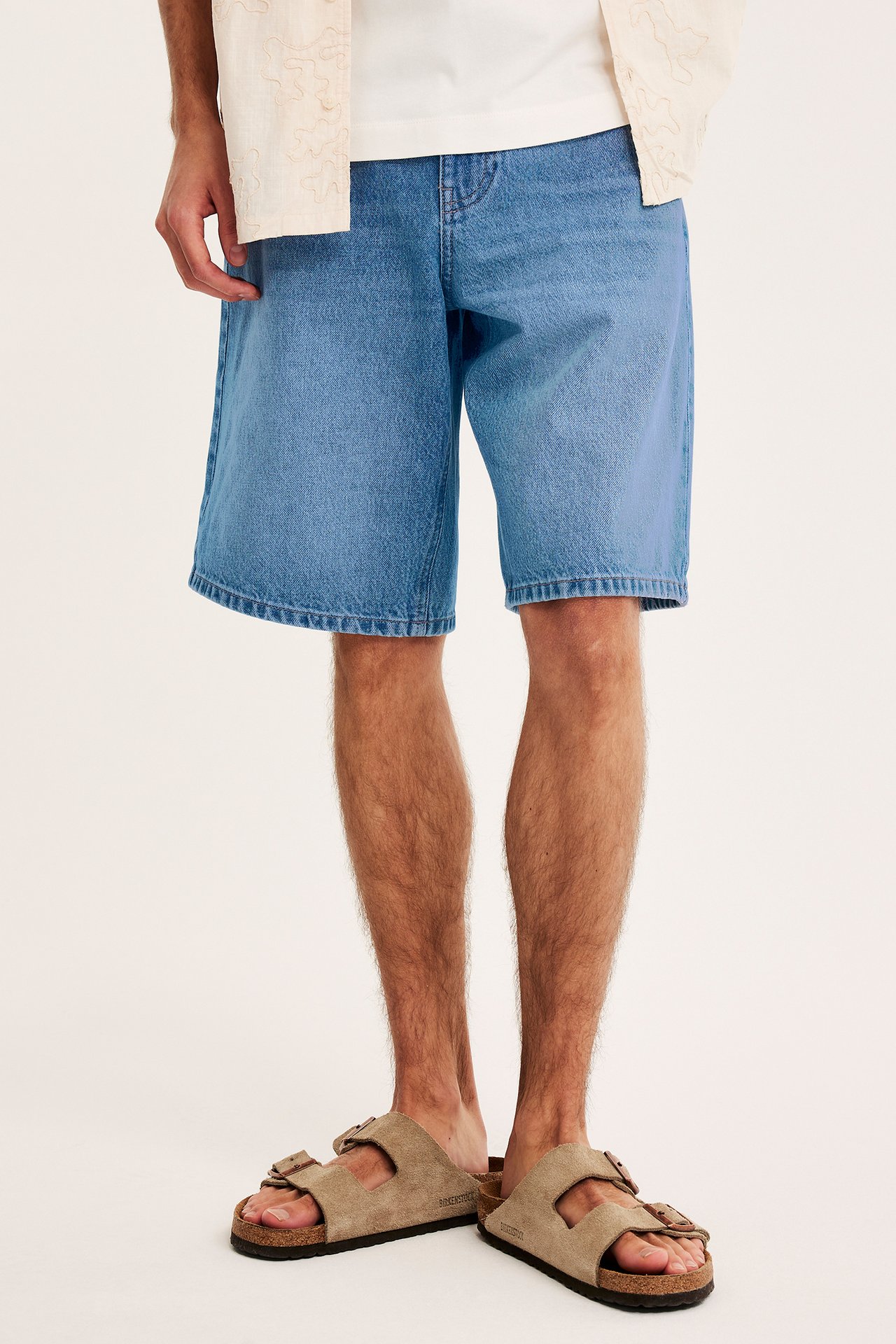 Framifrån, man i ljusblå lösa jeansshorts, vit t-shirt, beige öppen skjorta och bruna sandaler.