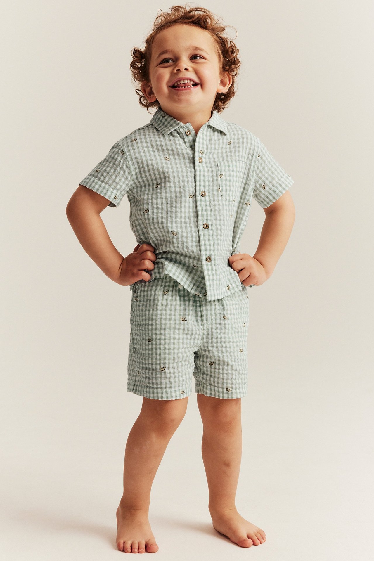 Edestä kuvattu poika vihreissä ruudullisissa seersucker-shortseissa eläinkuviolla ja yhteensopivassa paidassa.
