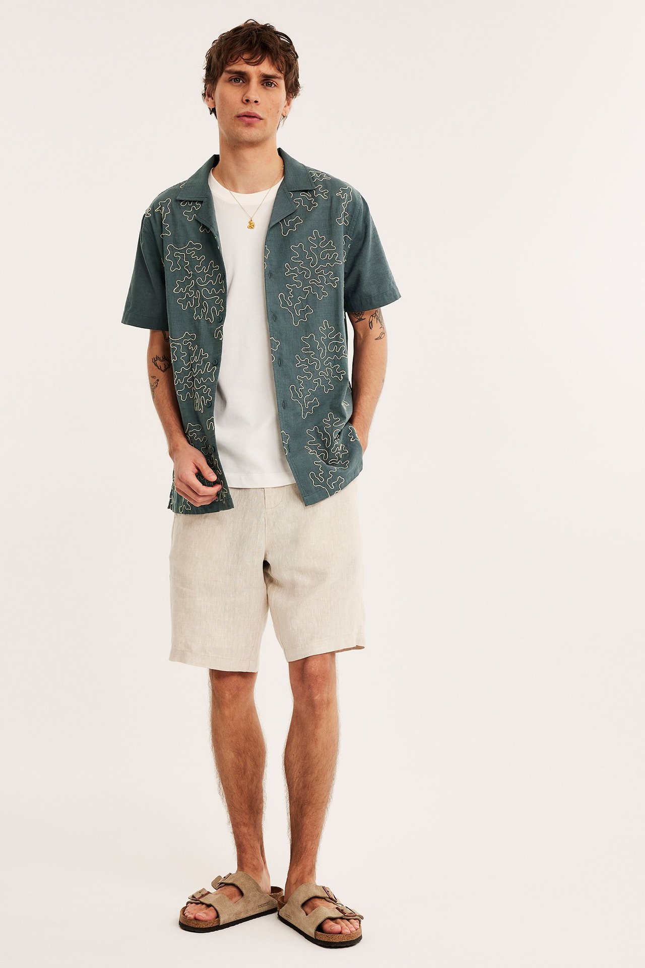 Edestä: Mies tummanharmaassa brodeeratussa resort-paidassa, valkoisessa t-paidassa, vaaleanbeigessä shortsissa ja beigessä sandaaleissa.