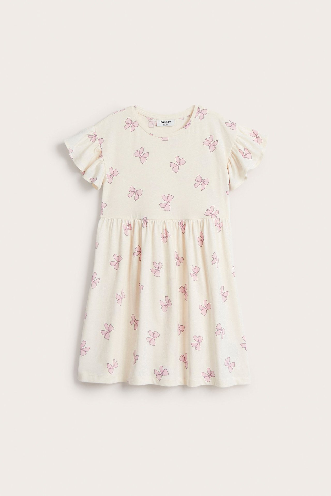 Widok z przodu: Ecru sukienka dziecięca z bawełny z różowym wzorem kokardek i falbankowymi rękawami.