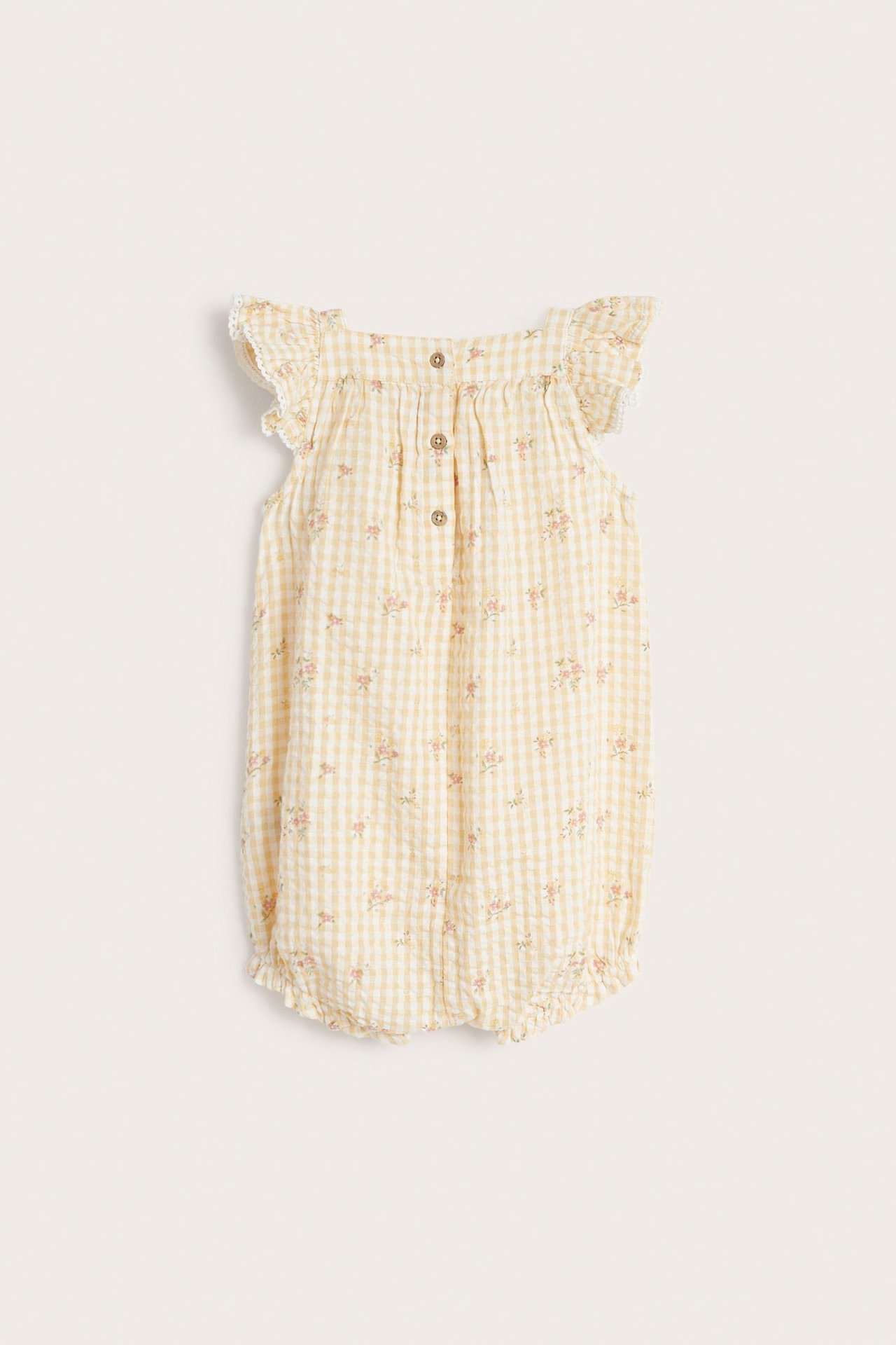 Blomstrete playsuit med blondekant - Gul - 4