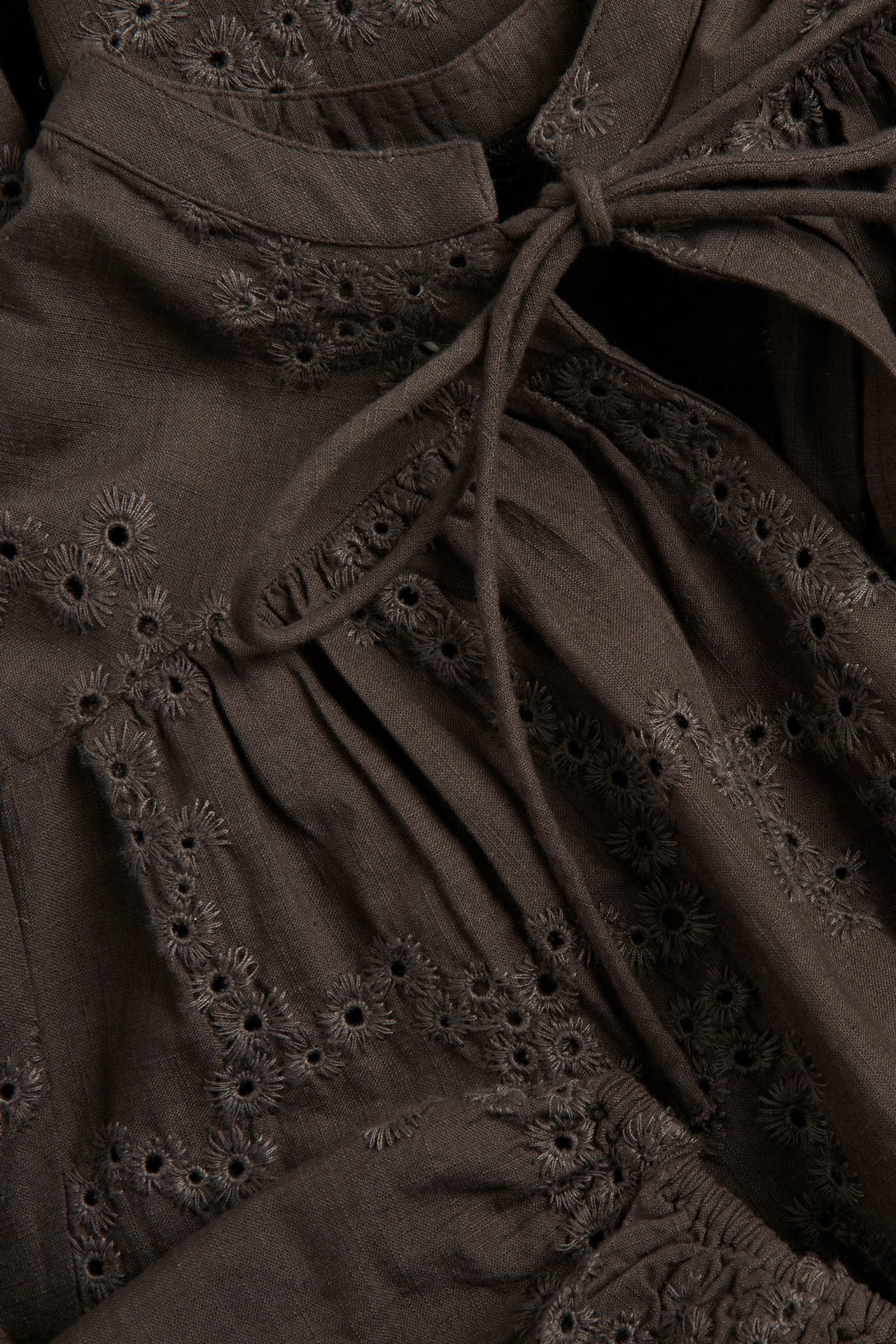 Lähikuva ruskeasta puuvillamekosta, jossa broderie anglaise, pystykaulus ja solmimisnauhat.