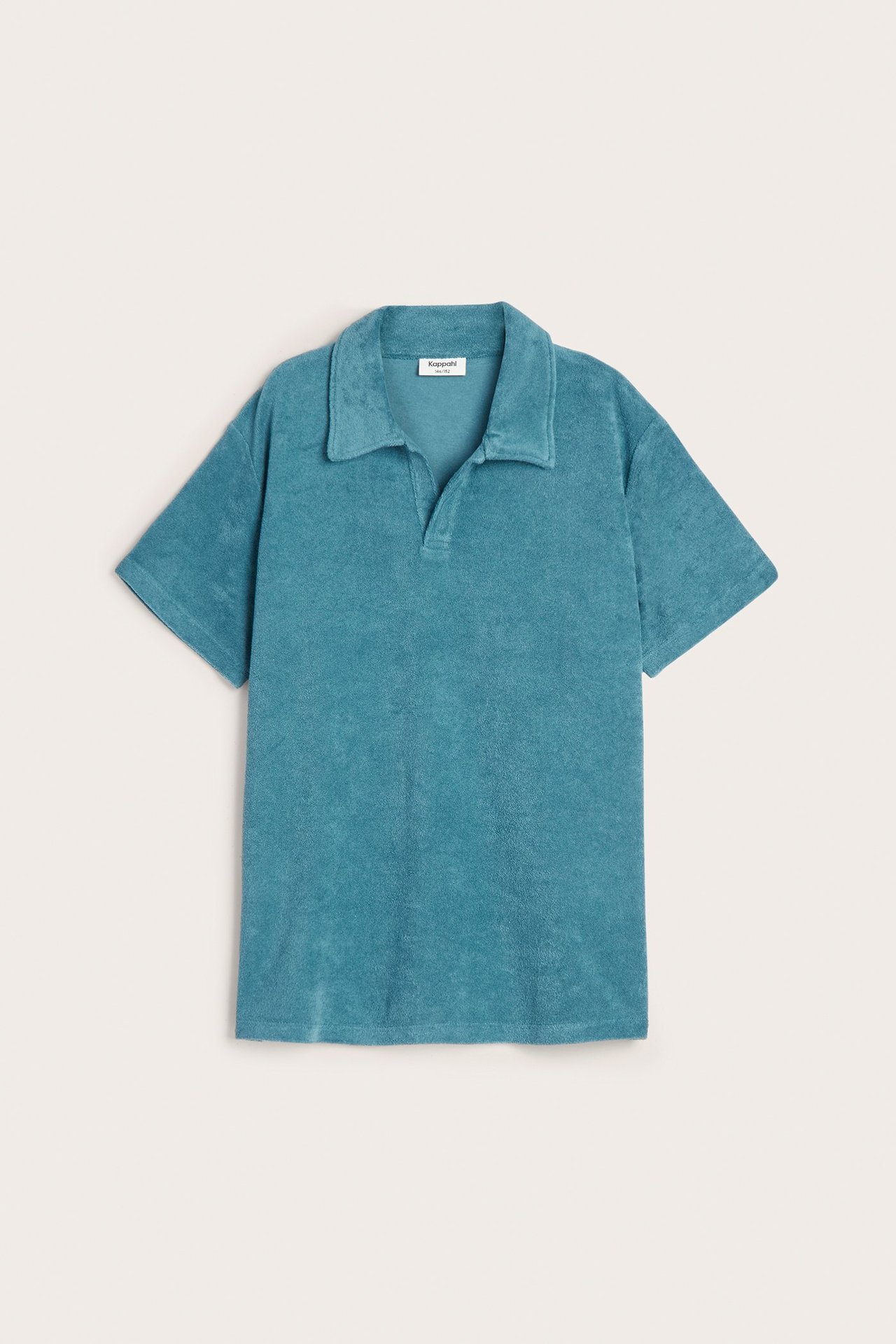 Widok z przodu: Jednokolorowa turkusowa koszulka polo z krótkim rękawem z frotte.