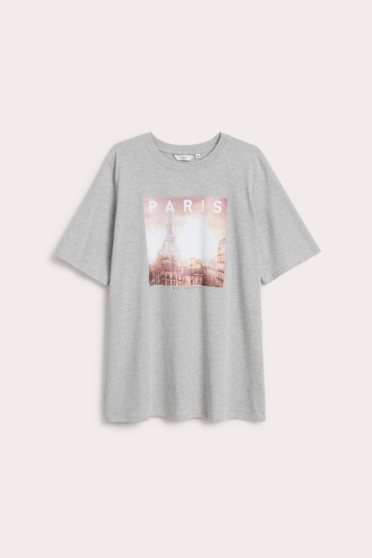 Widok z przodu szarego melanżowego t-shirtu oversize z nadrukiem 'PARIS' Wieży Eiffla i miasta.