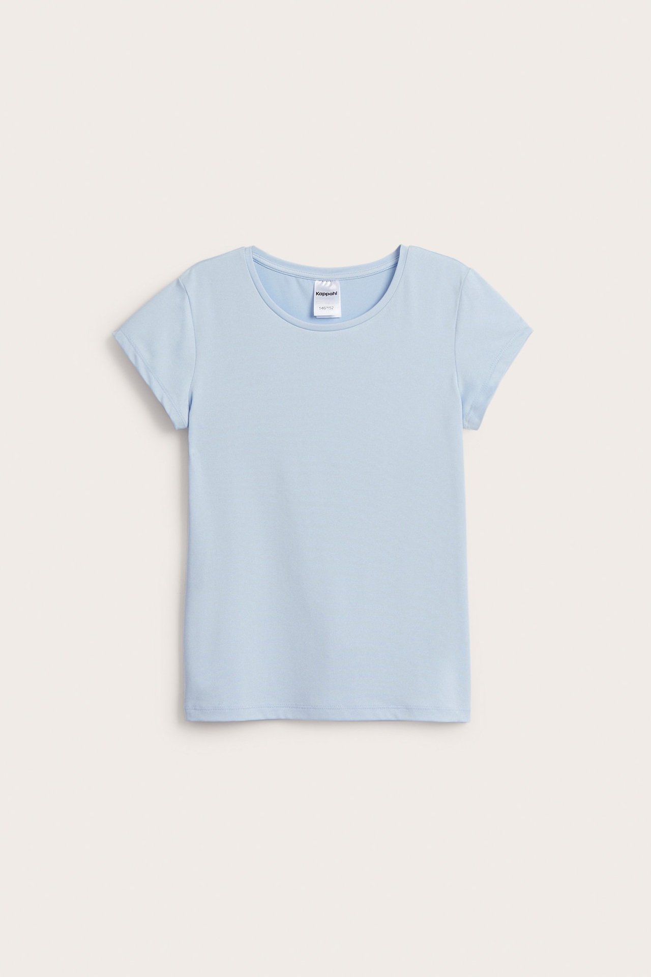 Frontvy av en enfärgad, ljusblå kortärmad träningstopp för barn med rund hals.