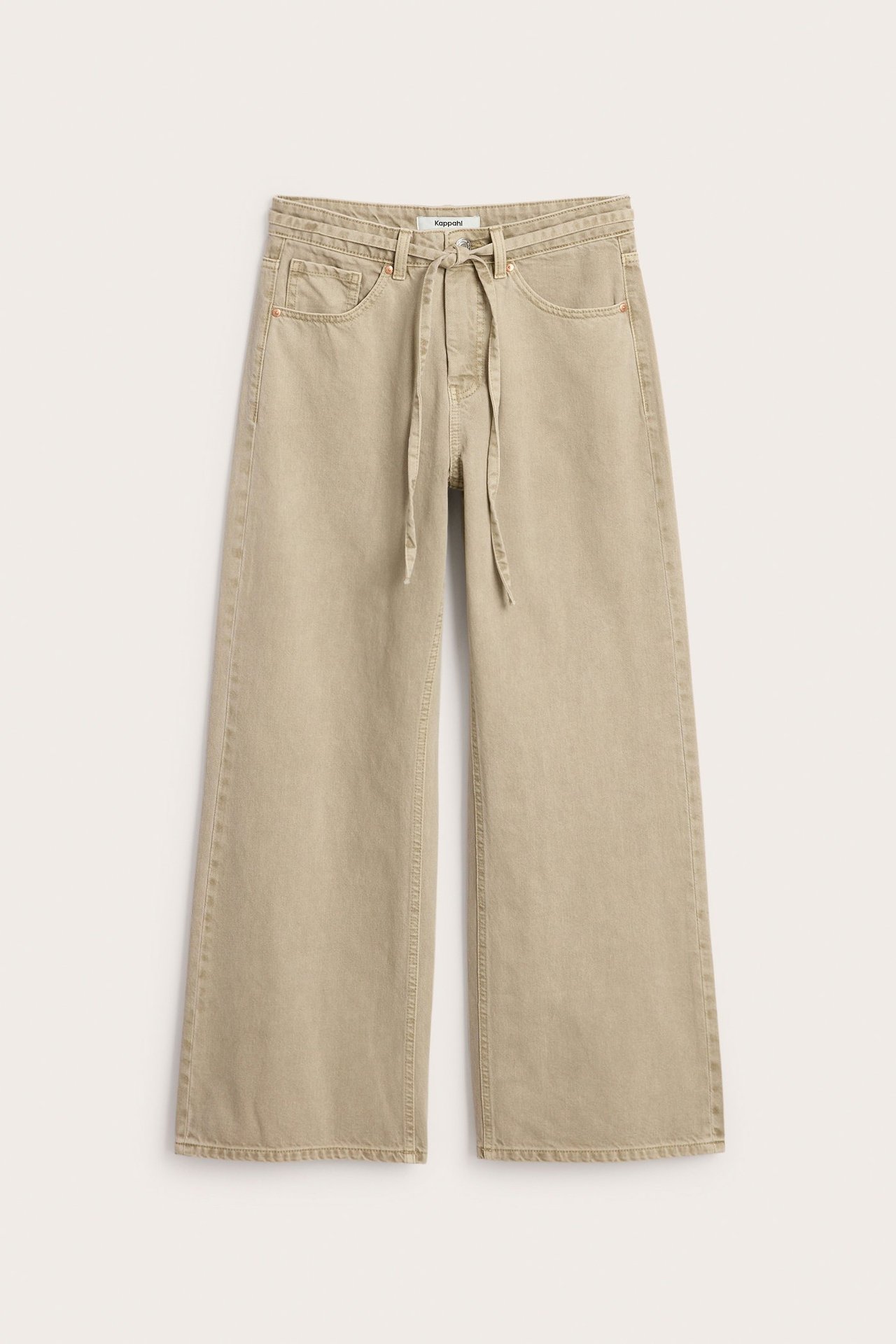 Widok z przodu: Jasnobrązowe, szerokie dżinsy high waist z bawełny twill, z wiązanym paskiem i 5 kieszeniami.