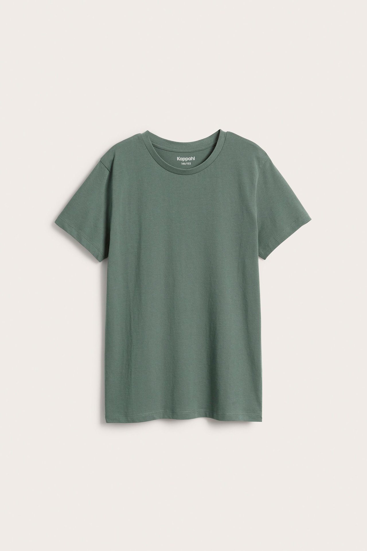 Framsida av en enfärgad khakigrön t-shirt i bomull med korta ärmar och rund hals.