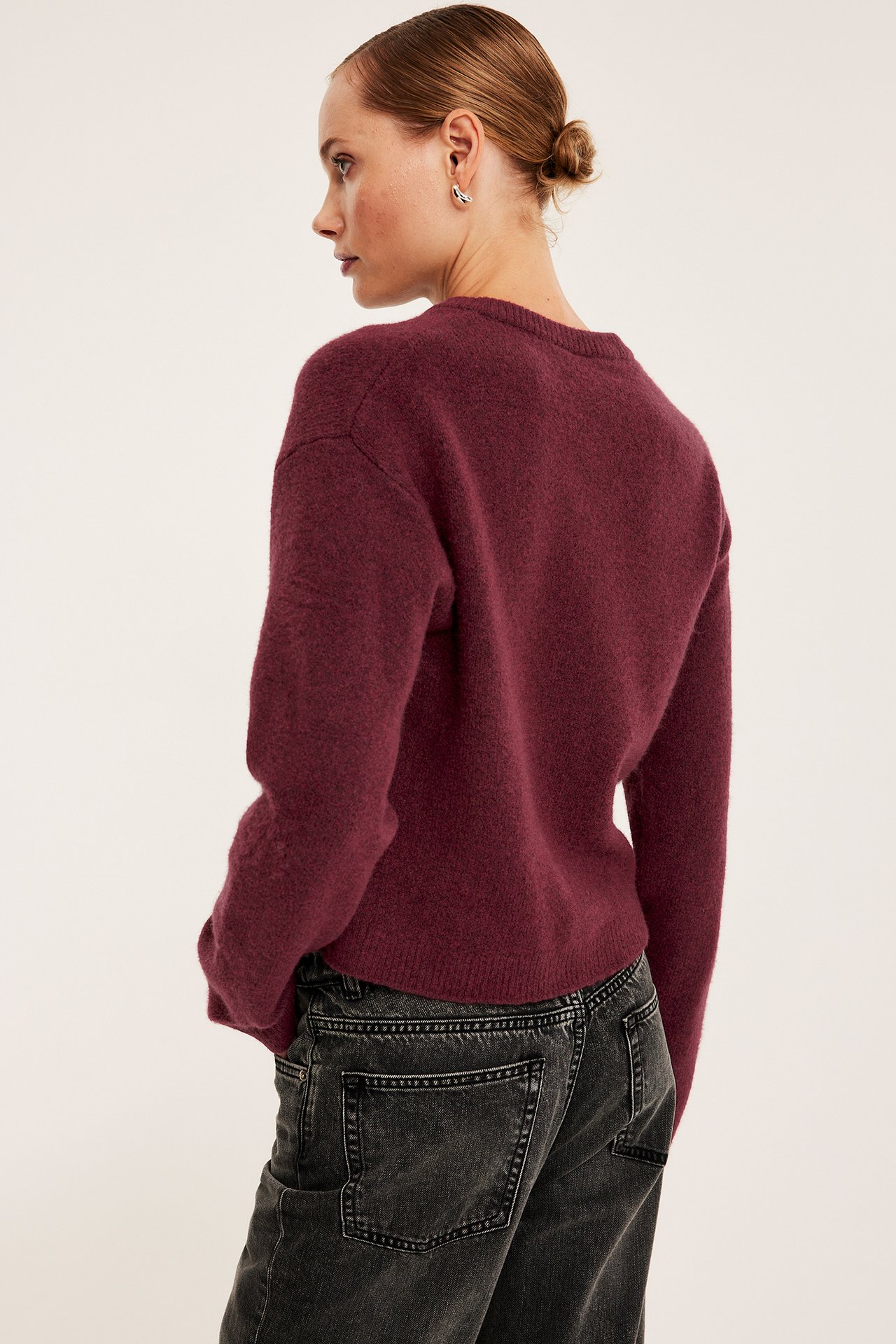 Finstrikket cardigan - Mørkerød - 5