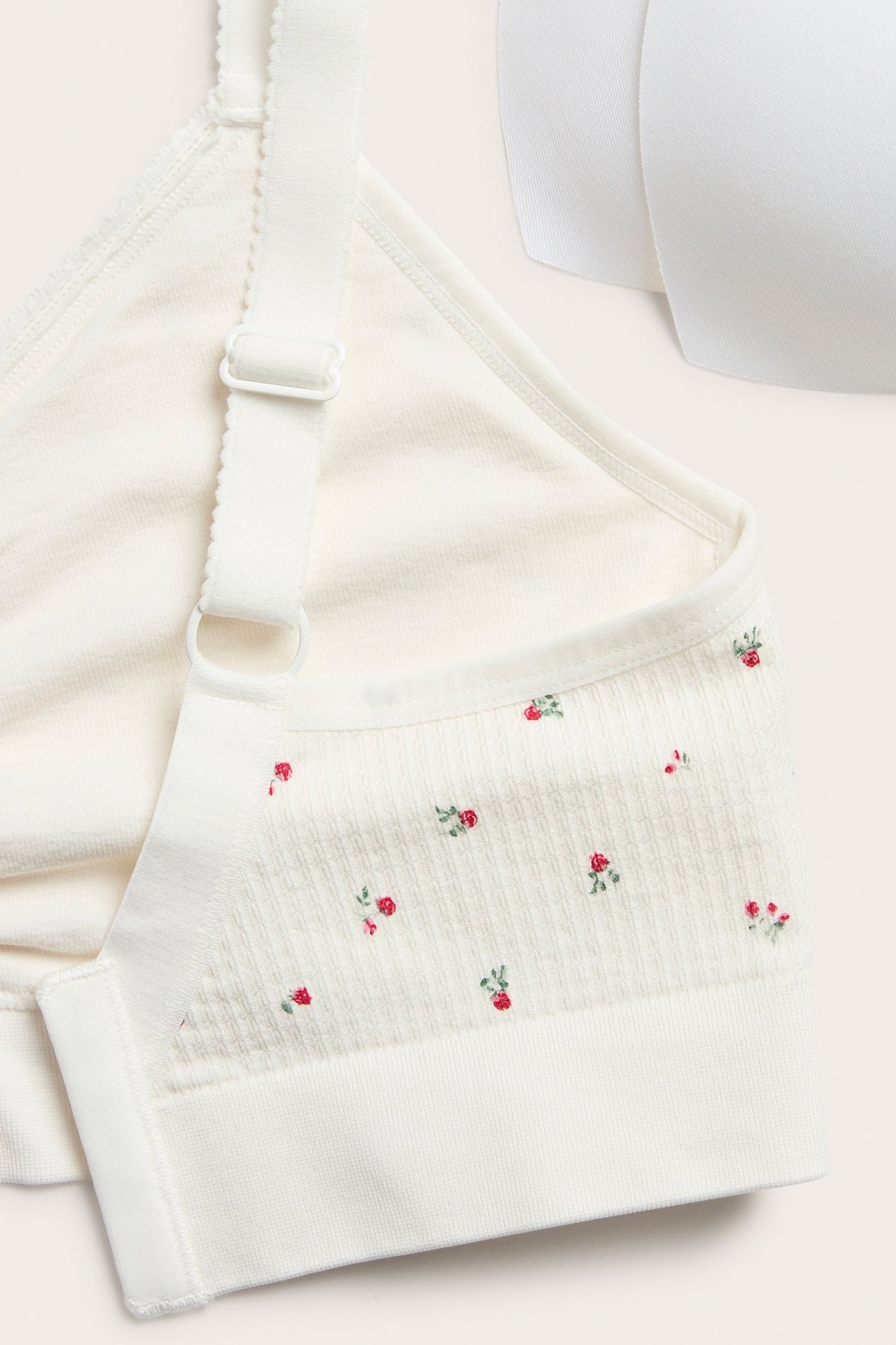 Zbliżenie białego, bezszwowego biustonosza bez fiszbin z kwiatowym wzorem, strukturą i brzegiem picot.